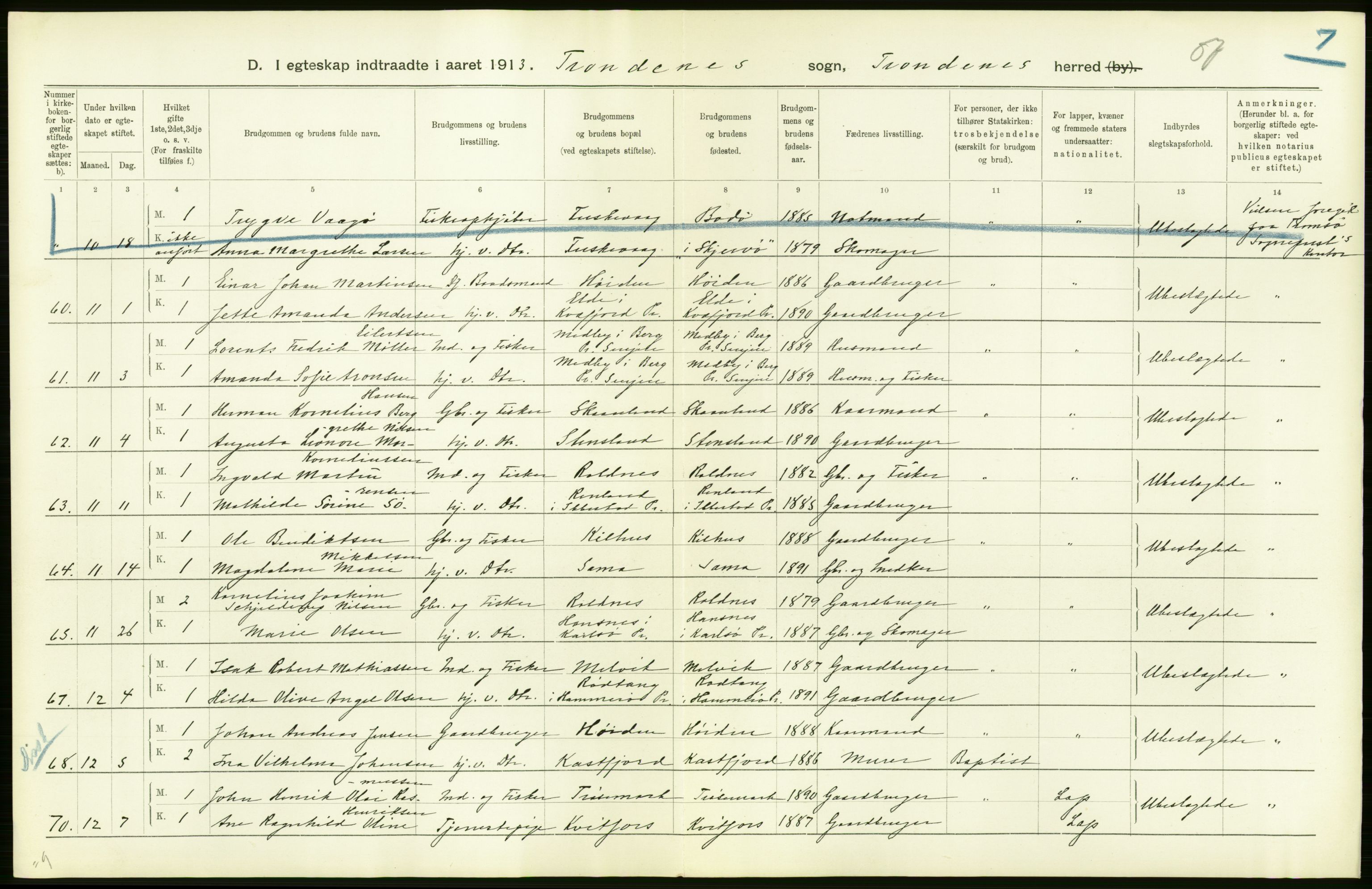 Statistisk sentralbyrå, Sosiodemografiske emner, Befolkning, AV/RA-S-2228/D/Df/Dfb/Dfbc/L0047: Tromsø amt: Gifte, døde, dødfødte. Bygder og byer., 1913, p. 20