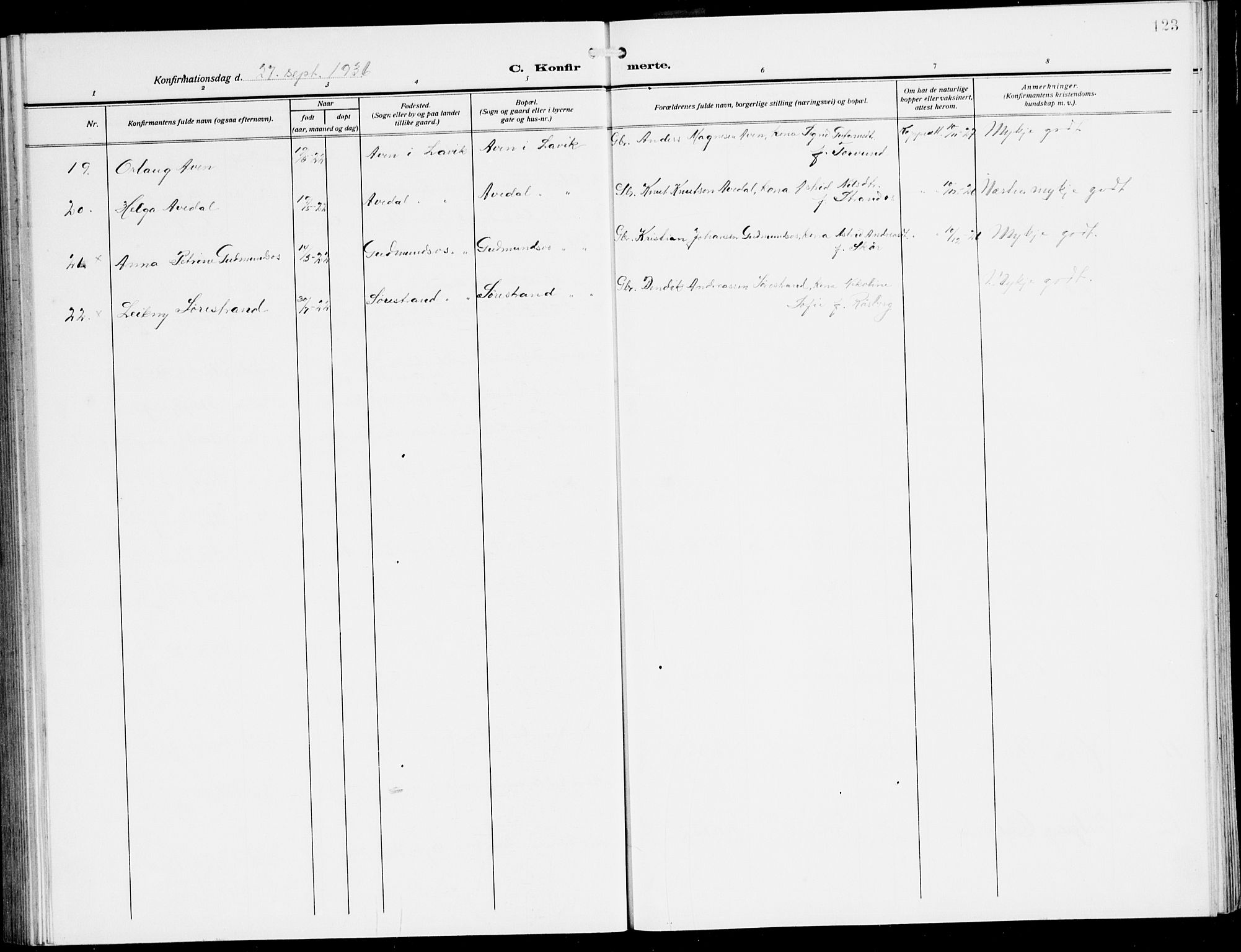 Lavik sokneprestembete, SAB/A-80901: Parish register (copy) no. A 3, 1911-1942, p. 123