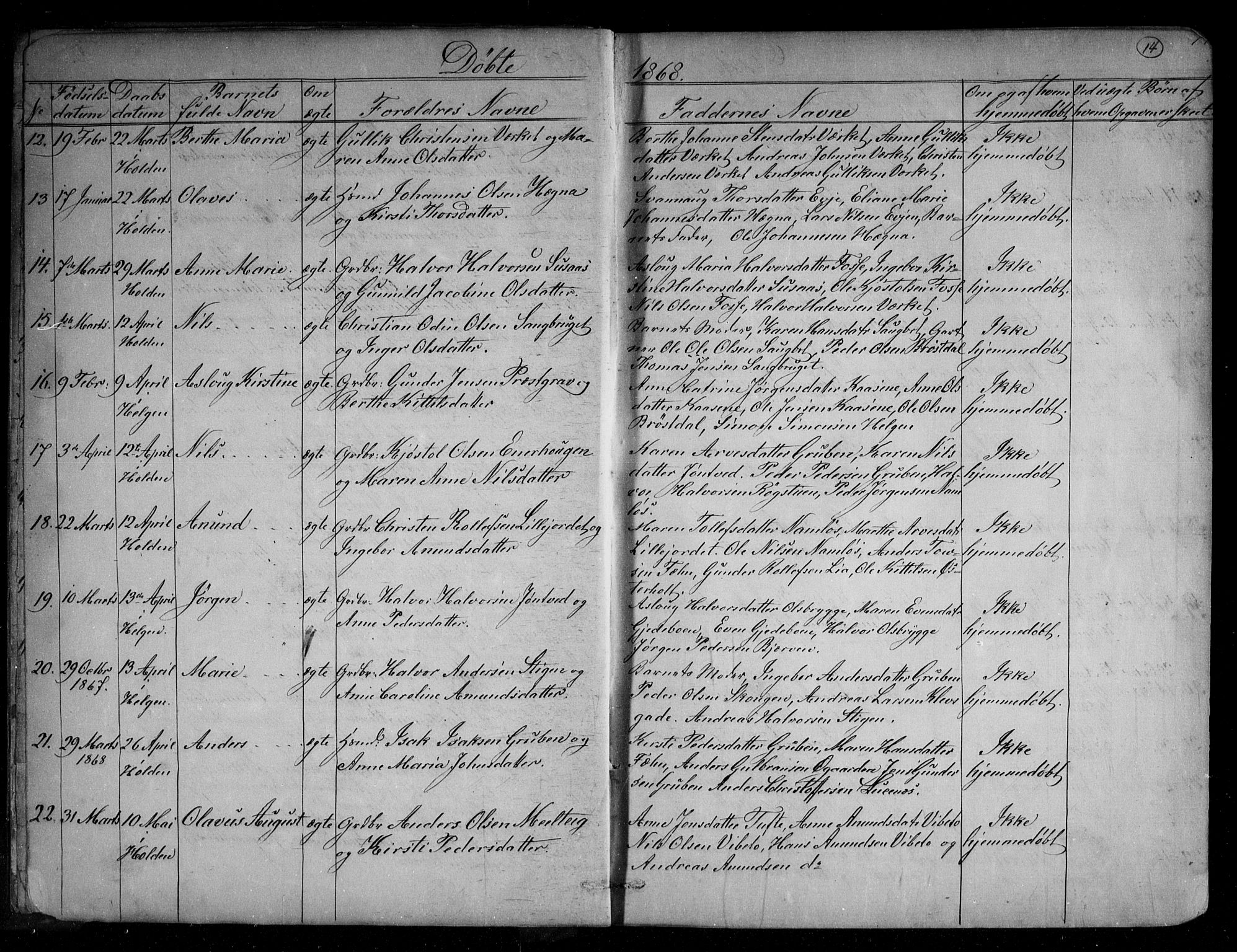 Holla kirkebøker, SAKO/A-272/G/Ga/L0004: Parish register (copy) no. I 4, 1867-1890, p. 14