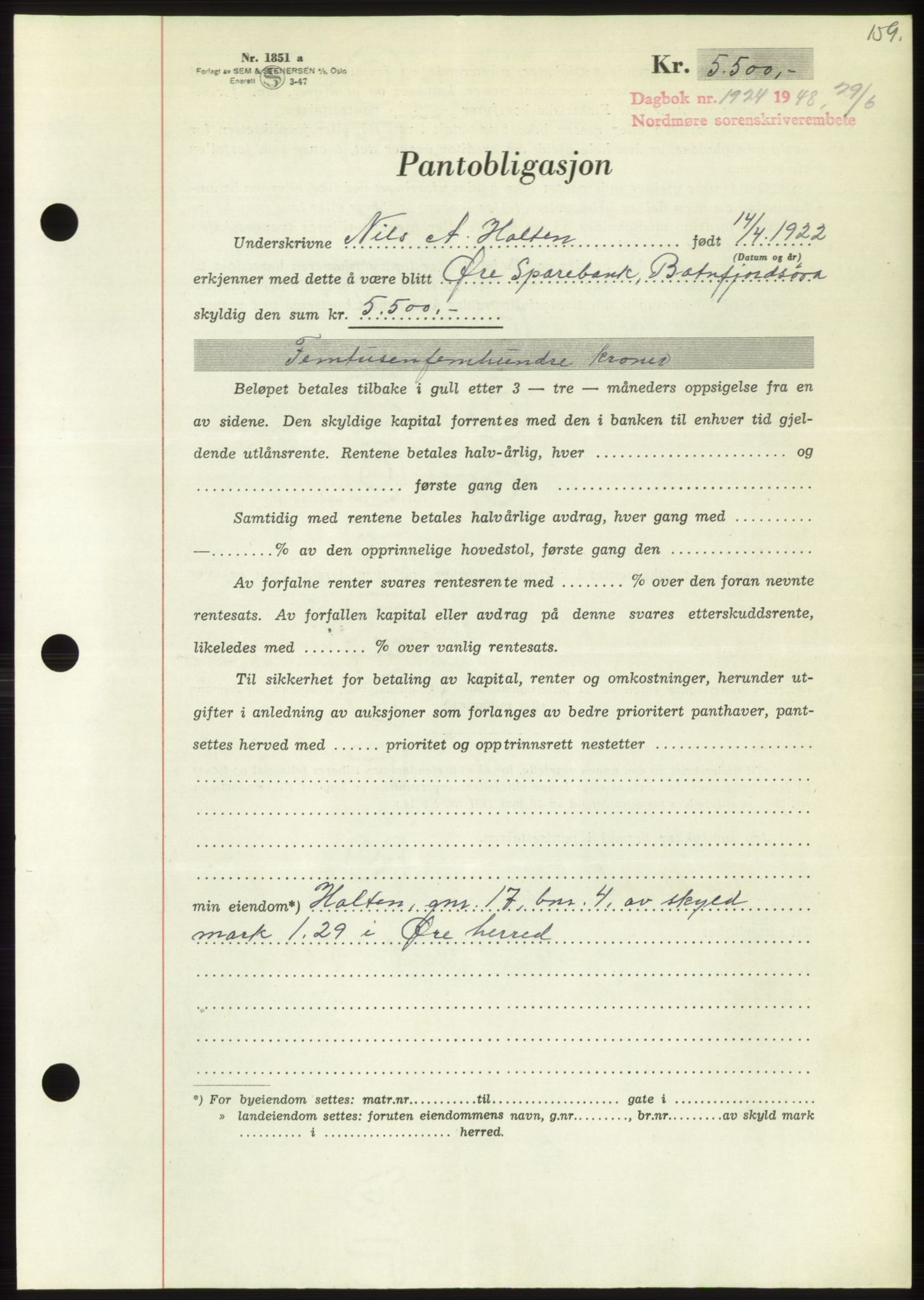 Nordmøre sorenskriveri, AV/SAT-A-4132/1/2/2Ca: Mortgage book no. B99, 1948-1948, Diary no: : 1924/1948