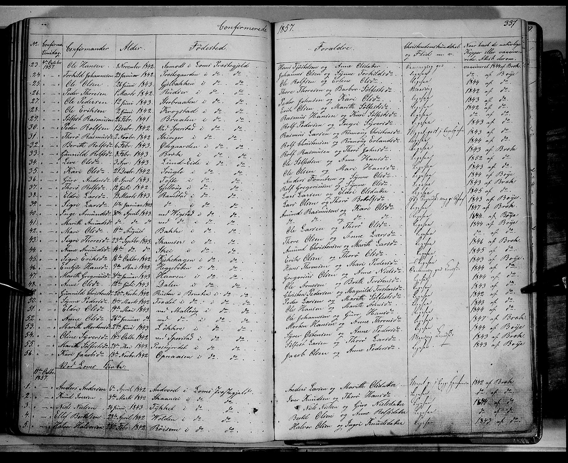 Lom prestekontor, SAH/PREST-070/K/L0006: Parish register (official) no. 6A, 1837-1863, p. 337