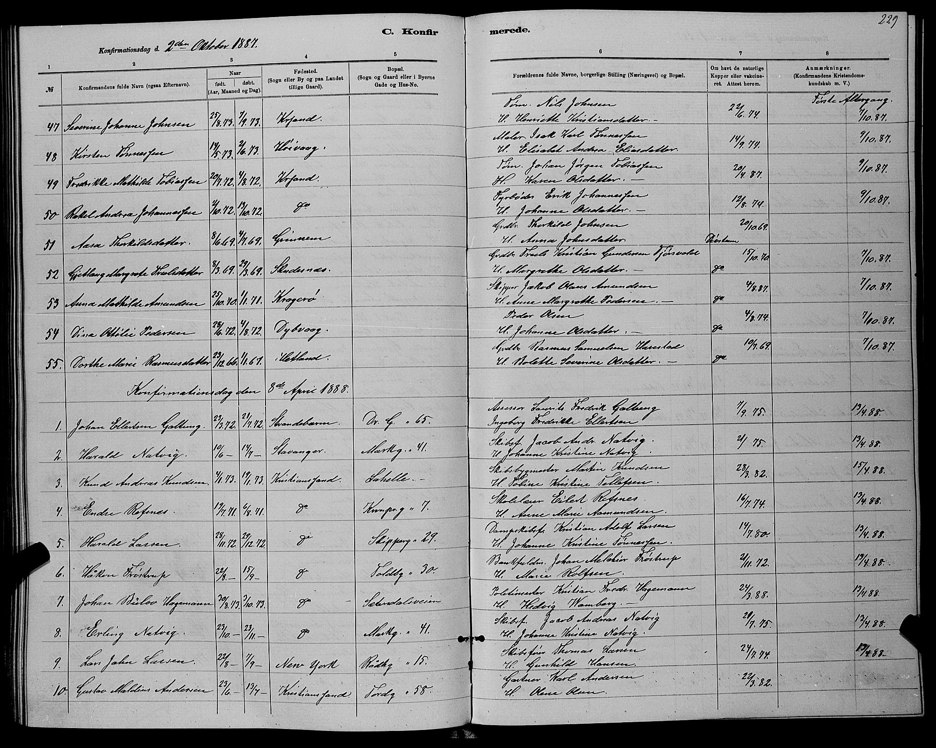 Kristiansand domprosti, AV/SAK-1112-0006/F/Fb/L0016: Parish register (copy) no. B 16, 1881-1893, p. 229