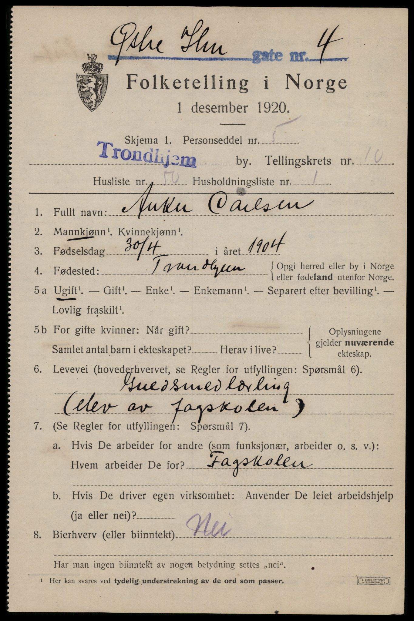 SAT, 1920 census for Trondheim, 1920, p. 46162