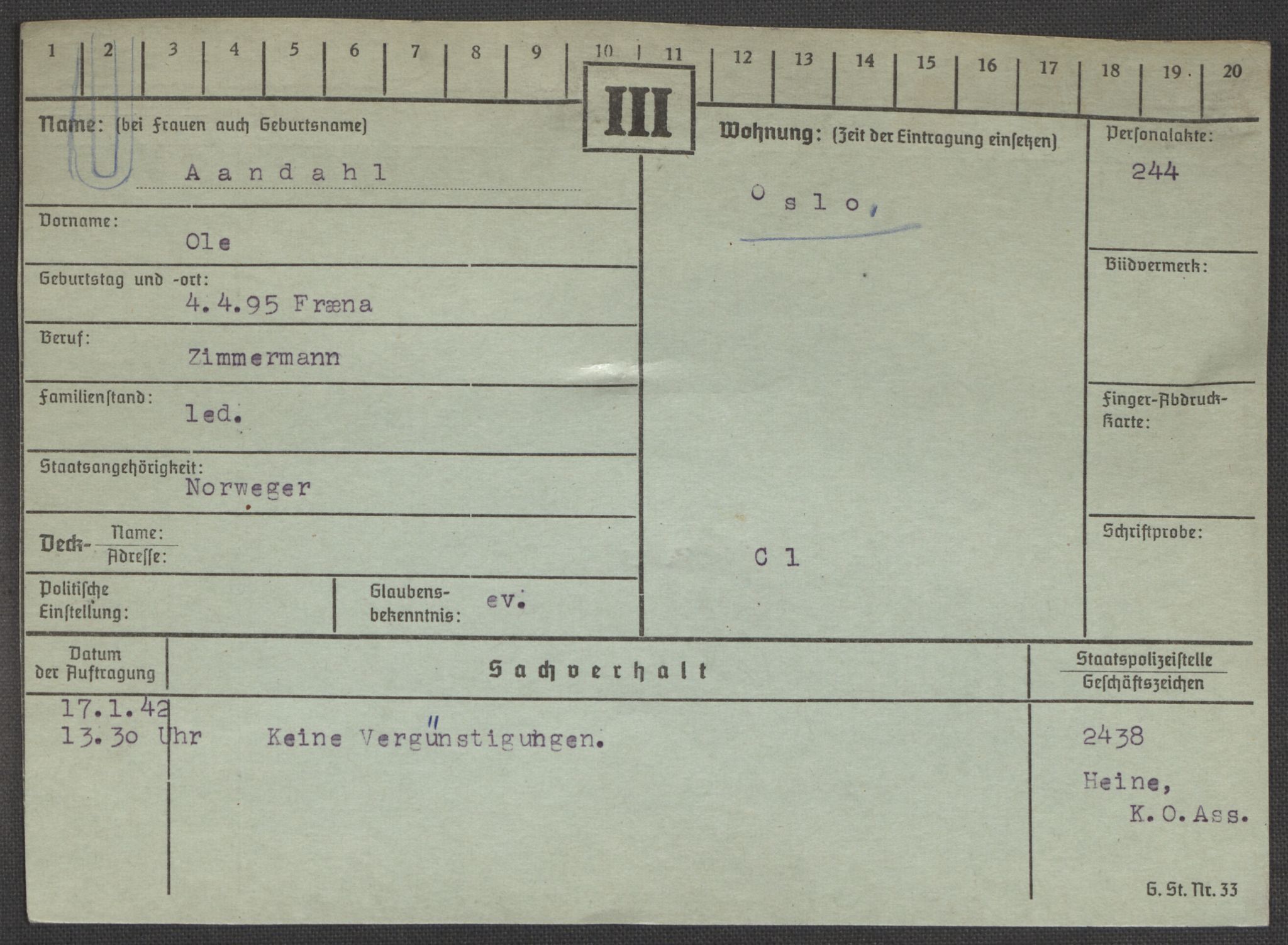 Befehlshaber der Sicherheitspolizei und des SD, RA/RAFA-5969/E/Ea/Eaa/L0010: Register over norske fanger i Møllergata 19: Sø-Å, 1940-1945, p. 1426
