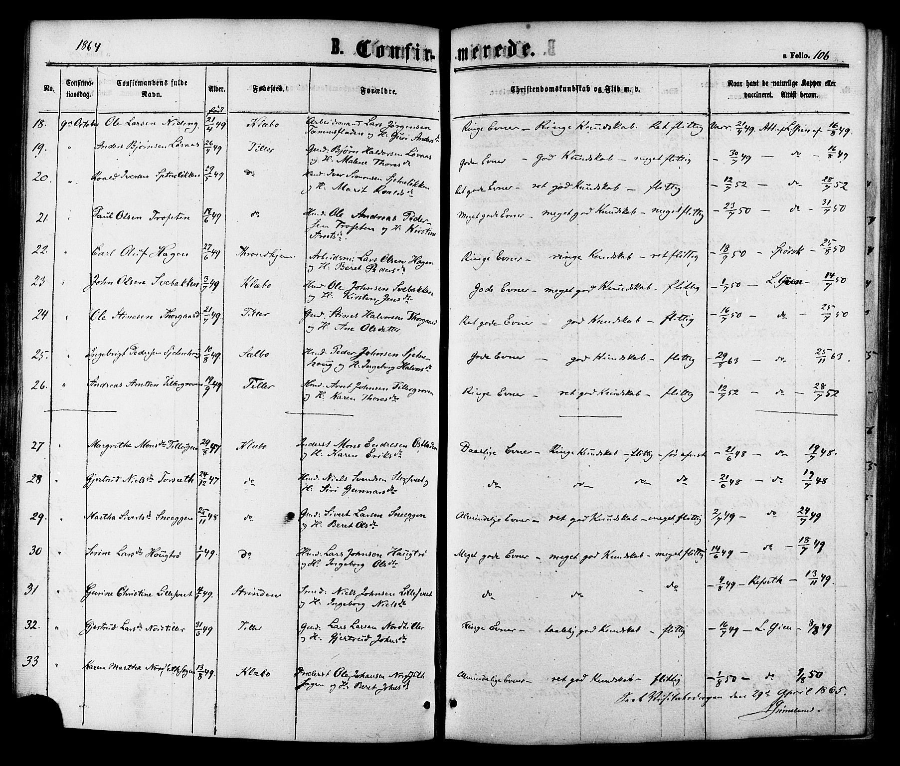 Ministerialprotokoller, klokkerbøker og fødselsregistre - Sør-Trøndelag, AV/SAT-A-1456/618/L0442: Parish register (official) no. 618A06 /1, 1863-1879, p. 106