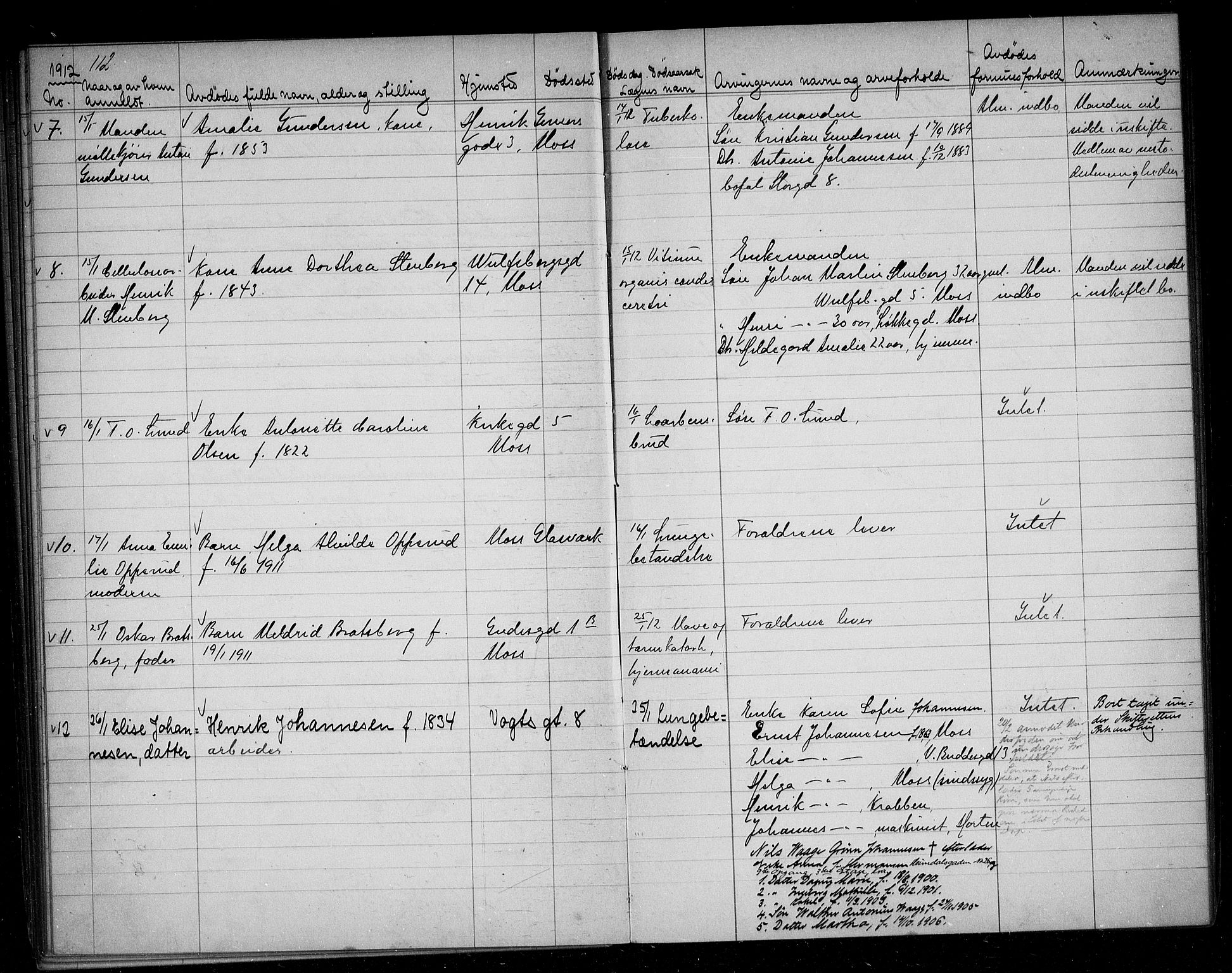 Moss byfogd, AV/SAO-A-10863/H/Ha/Hab/L0004: Dødsanmeldelsesprotokoll, 1906-1914, p. 112