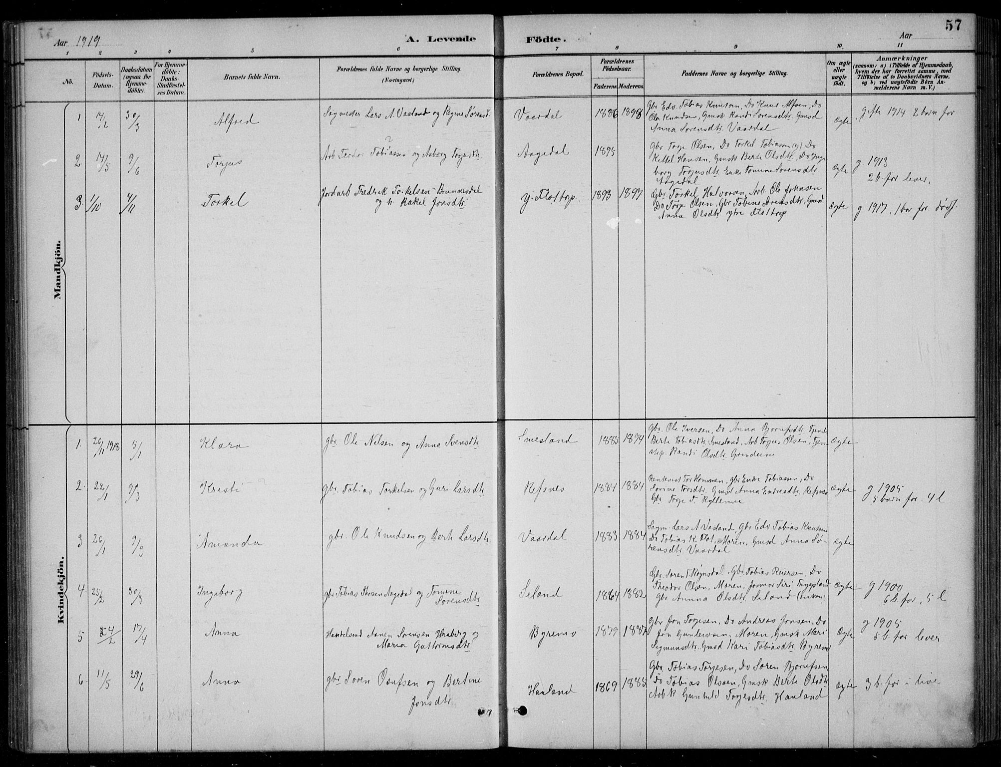 Bjelland sokneprestkontor, SAK/1111-0005/F/Fb/Fbc/L0003: Parish register (copy) no. B 3, 1887-1924, p. 57