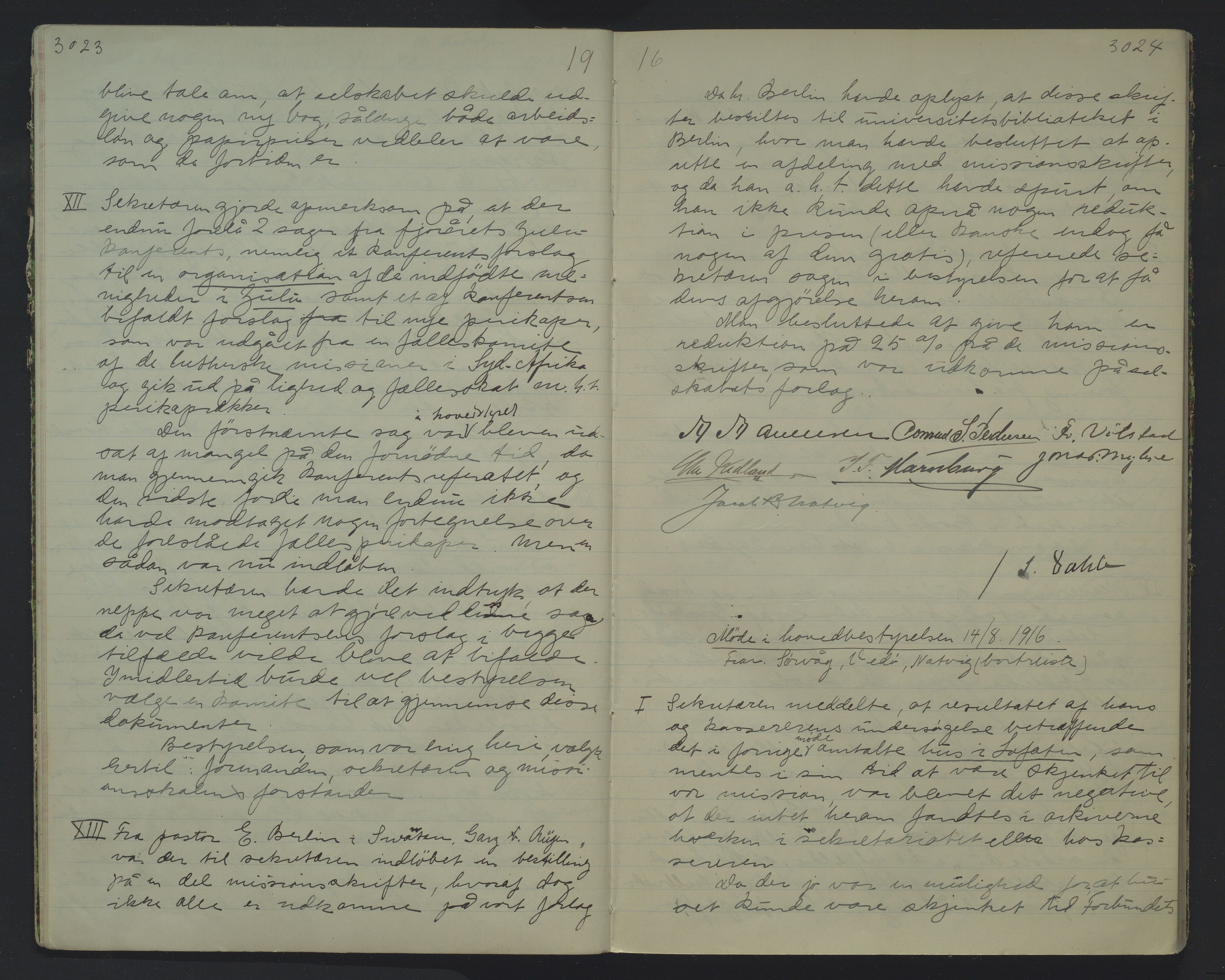 Det Norske Misjonsselskap - hovedadministrasjonen, VID/MA-A-1045/D/Da/Daa/L0023: Styreprotokoll nr. XVII, 7. august 1916 - 30. april 1917, 1916-1917, p. 3023-3024