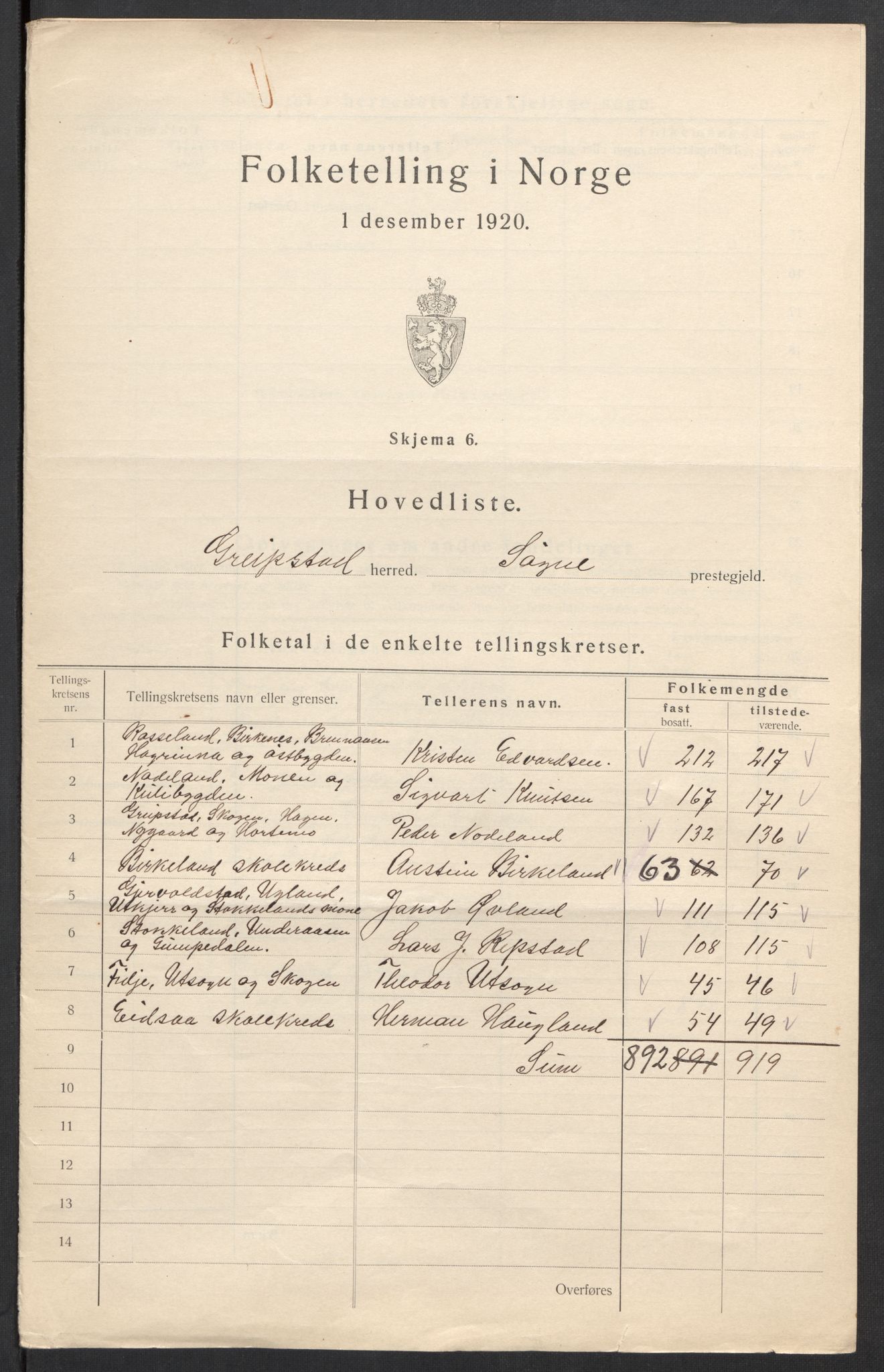 SAK, 1920 census for Greipstad, 1920, p. 7