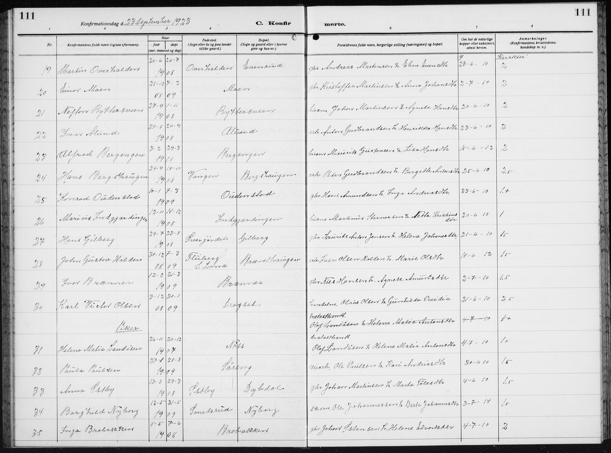 Biri prestekontor, SAH/PREST-096/H/Ha/Hab/L0007: Parish register (copy) no. 7, 1919-1941, p. 111