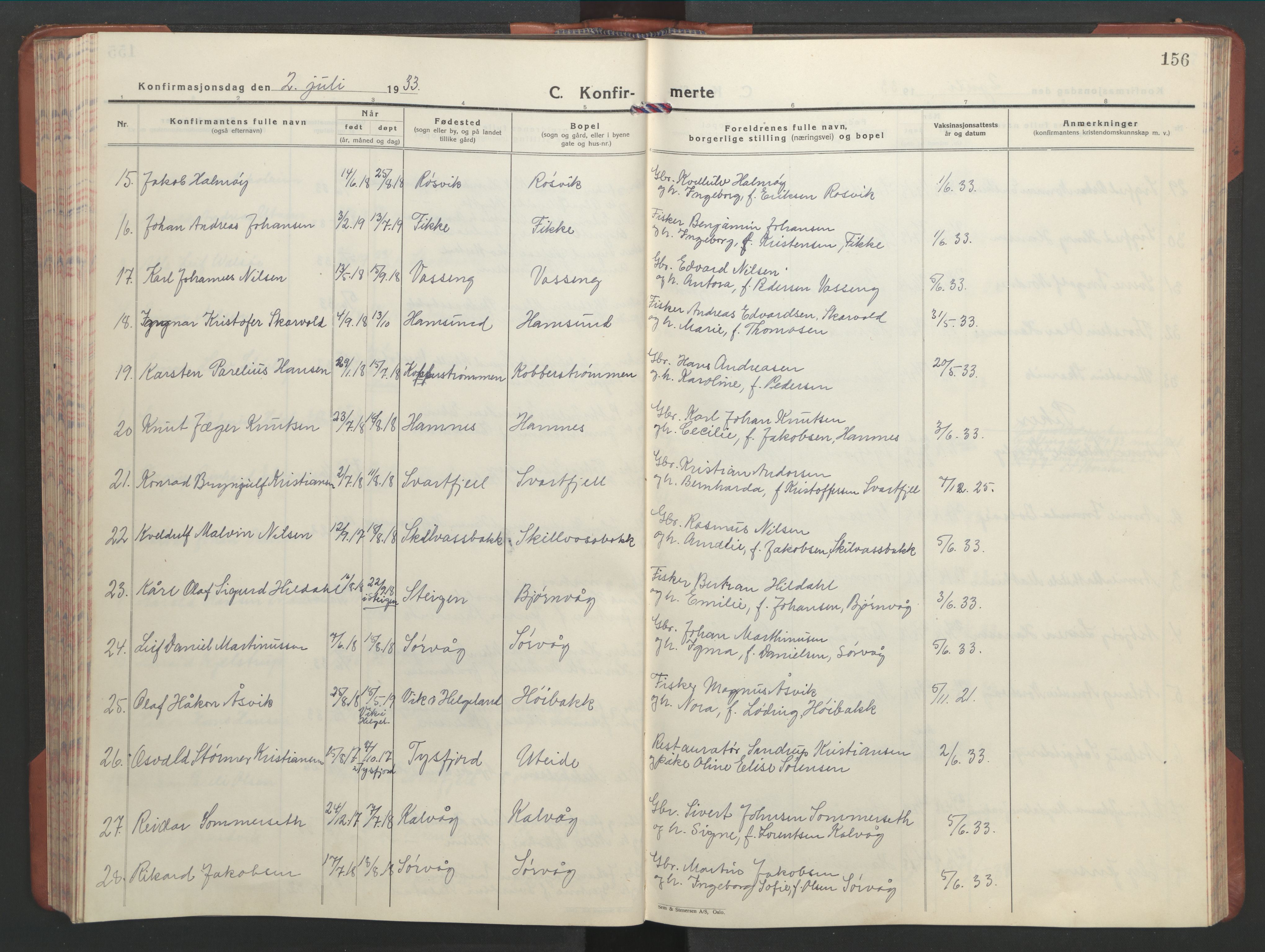 Ministerialprotokoller, klokkerbøker og fødselsregistre - Nordland, AV/SAT-A-1459/859/L0862: Parish register (copy) no. 859C08, 1925-1936, p. 156