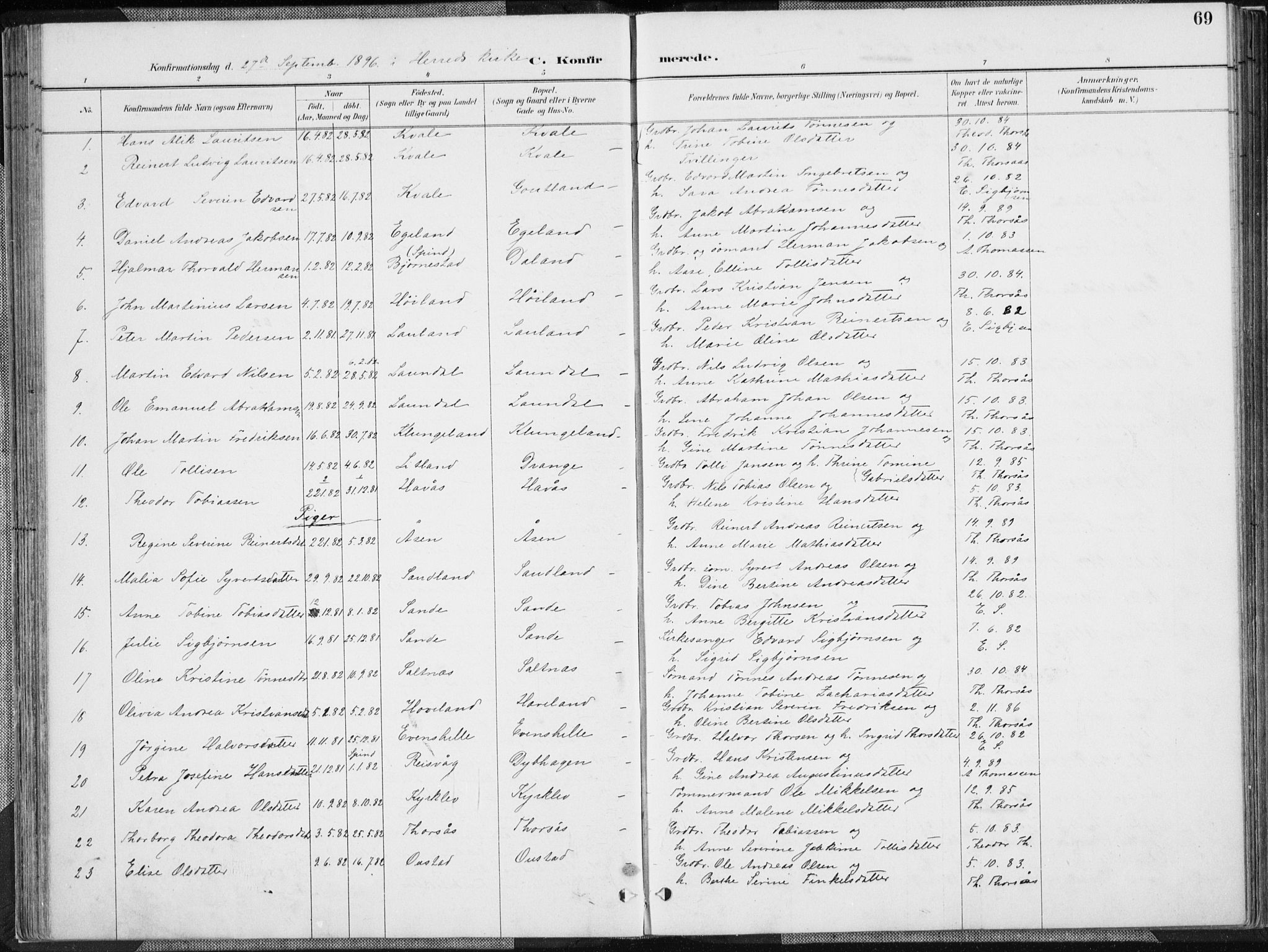 Herad sokneprestkontor, SAK/1111-0018/F/Fa/Faa/L0006: Parish register (official) no. A 6, 1887-1907, p. 69