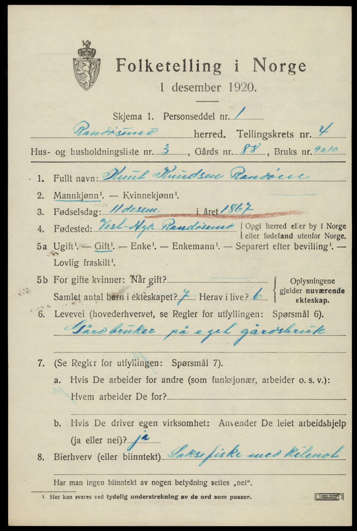 SAK, 1920 census for Randesund, 1920, p. 1814