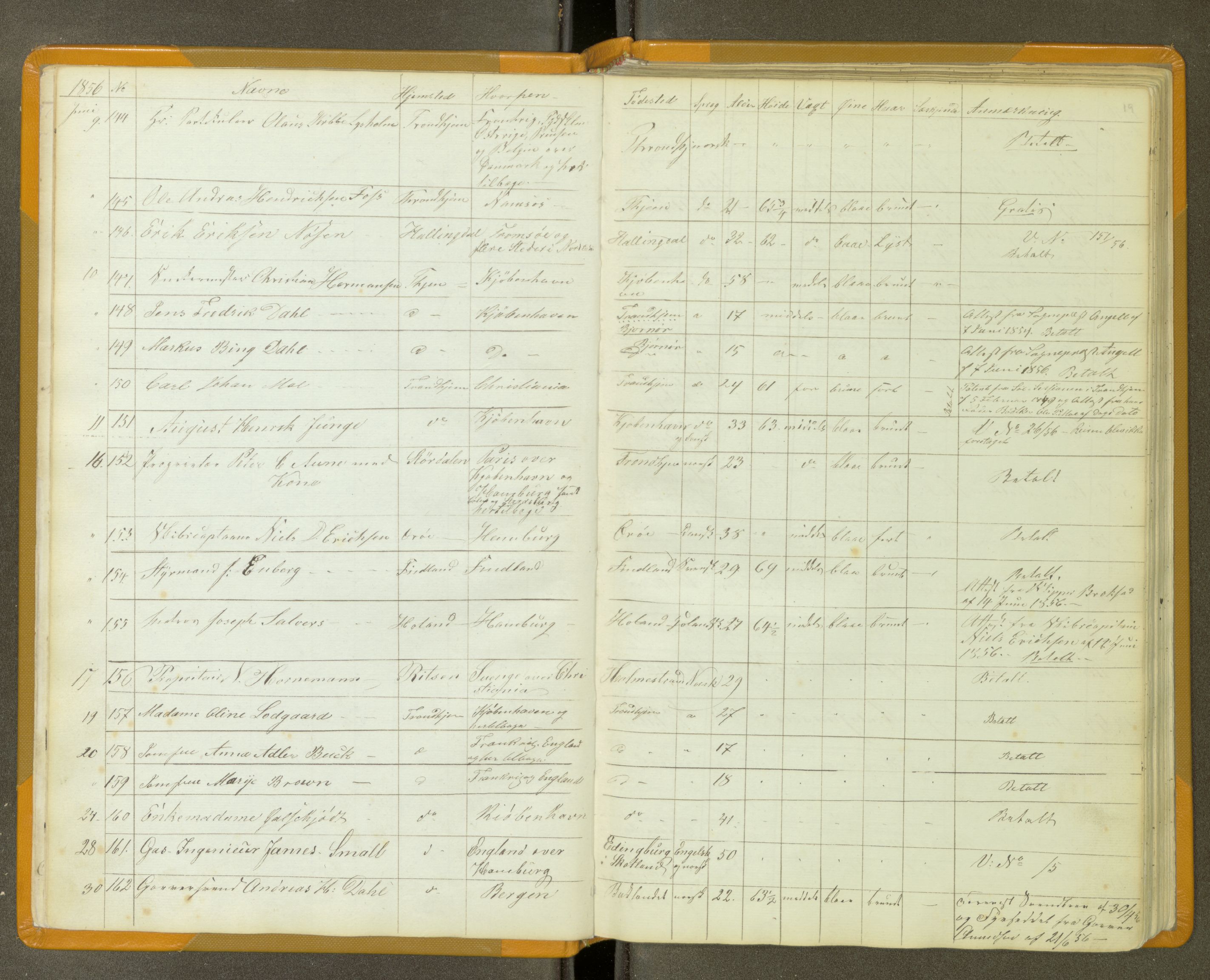 Trondheim politikammer, AV/SAT-A-1887/1/30/L0011: Passprotokoll. Utstedte pass 1855-1890. Utstede og forviste handelsbrev 1857-1860, 1855-1890, p. 18b-19a