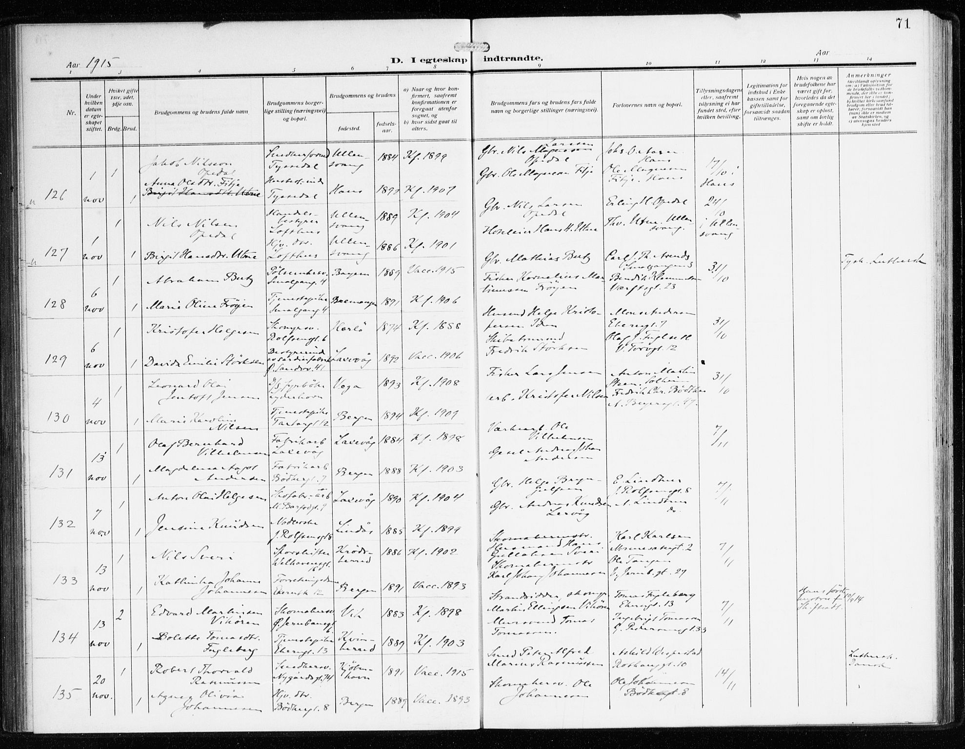 Sandviken Sokneprestembete, AV/SAB-A-77601/H/Ha/L0015: Parish register (official) no. D 2, 1911-1923, p. 71