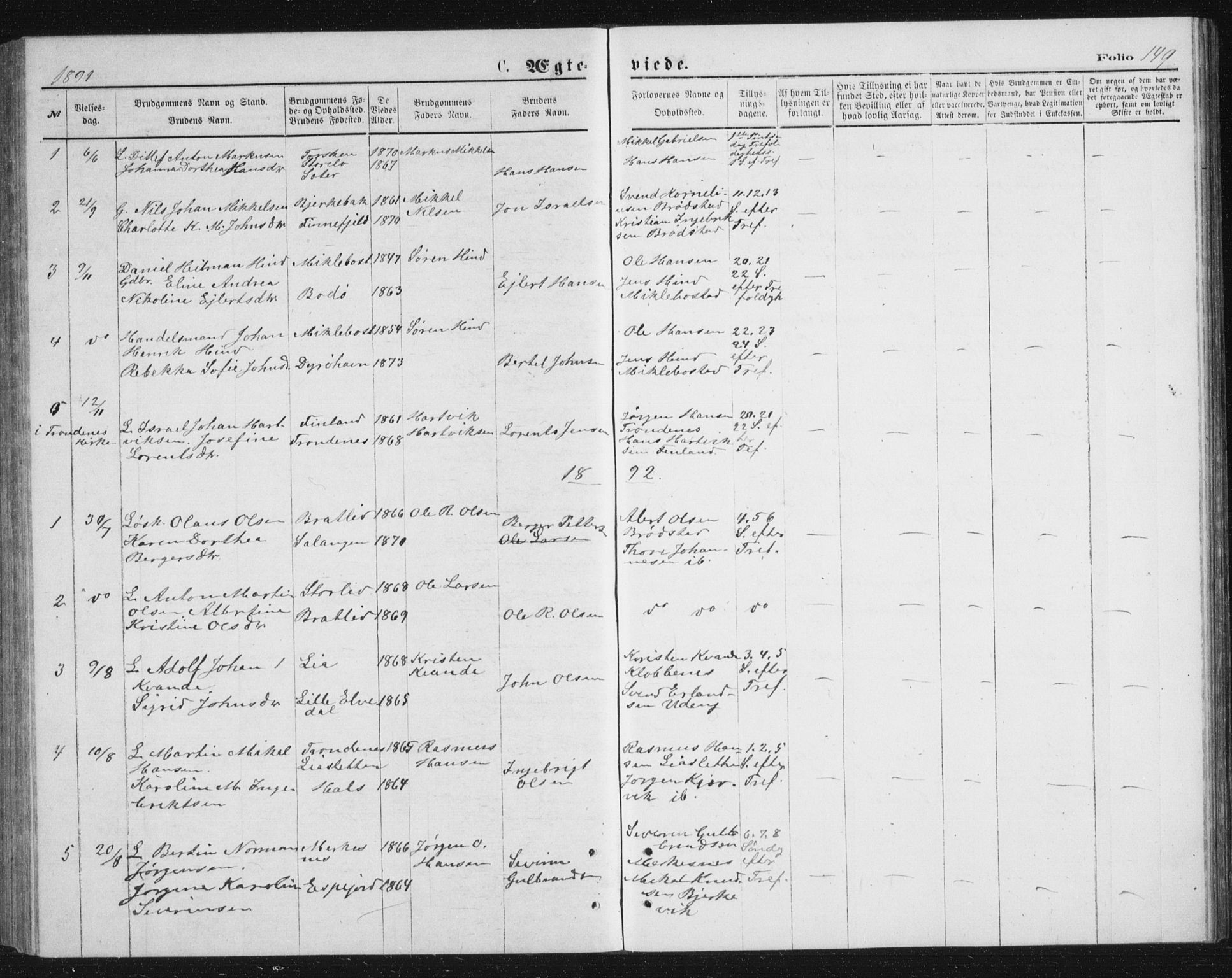 Tranøy sokneprestkontor, SATØ/S-1313/I/Ia/Iab/L0013klokker: Parish register (copy) no. 13, 1874-1896, p. 149