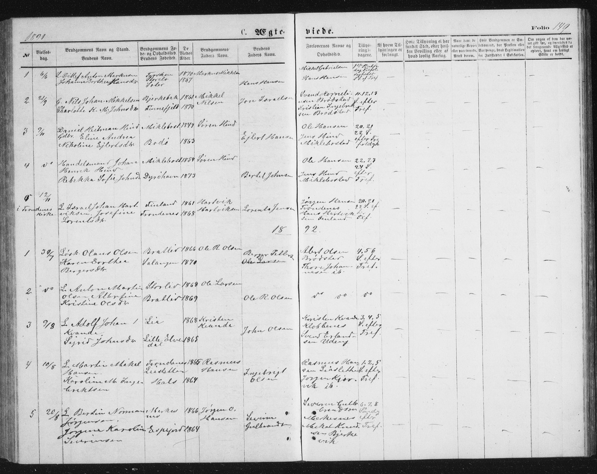 Tranøy sokneprestkontor, AV/SATØ-S-1313/I/Ia/Iab/L0013klokker: Parish register (copy) no. 13, 1874-1896, p. 149