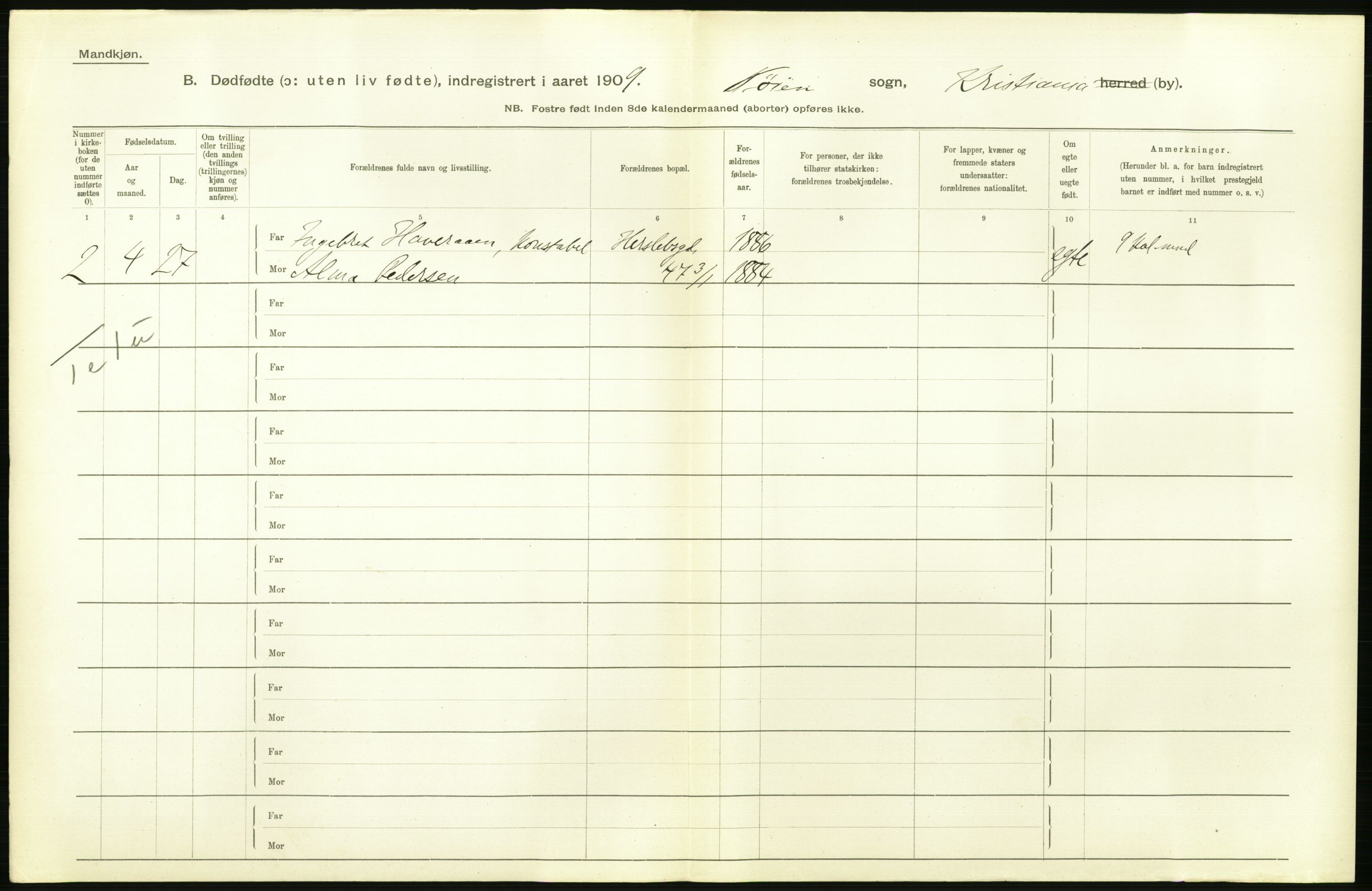 Statistisk sentralbyrå, Sosiodemografiske emner, Befolkning, AV/RA-S-2228/D/Df/Dfa/Dfag/L0010: Kristiania: Døde, dødfødte., 1909, p. 474