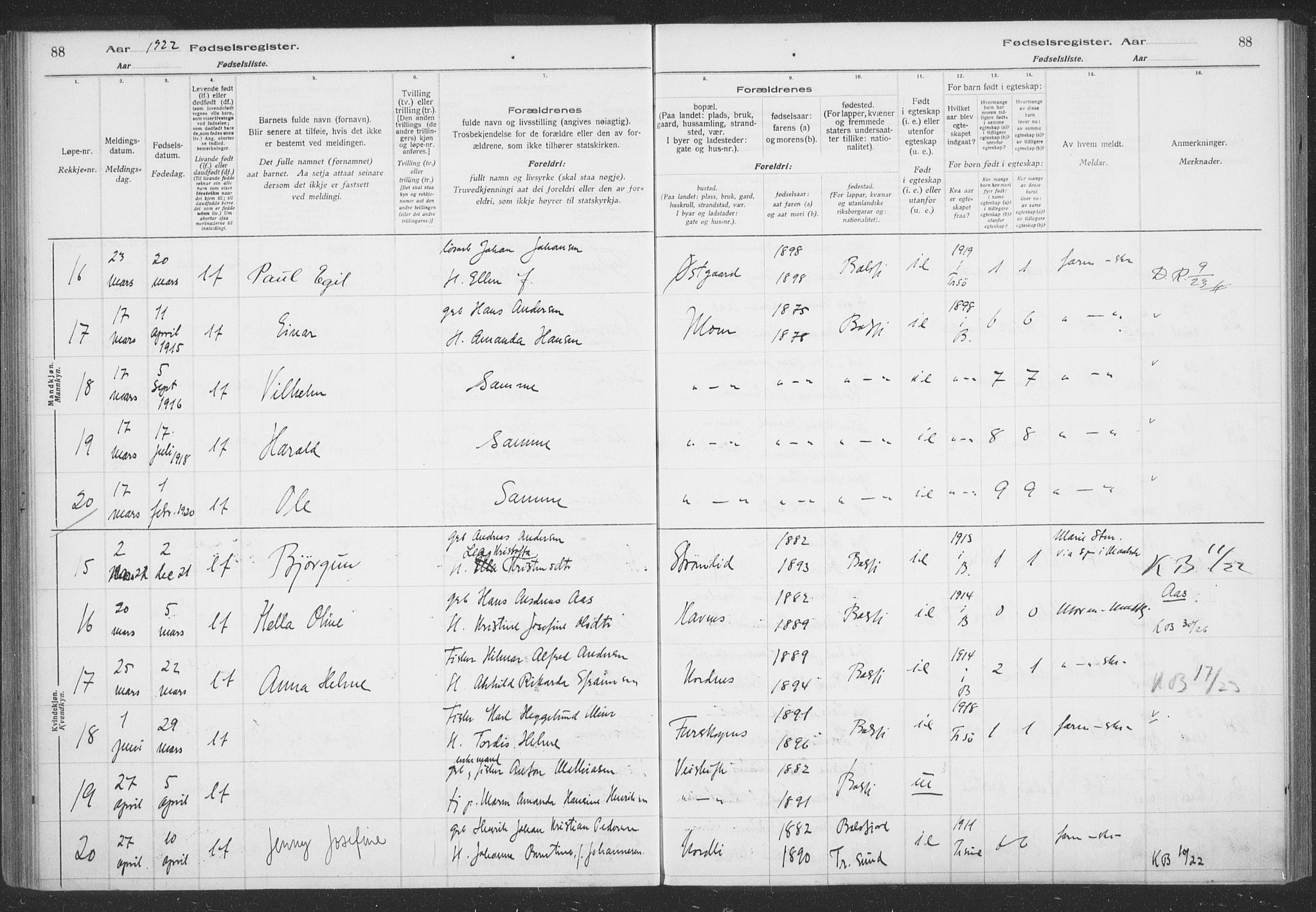 Balsfjord sokneprestembete, AV/SATØ-S-1303/H/Hb/L0059: Birth register no. 59, 1916-1930, p. 88