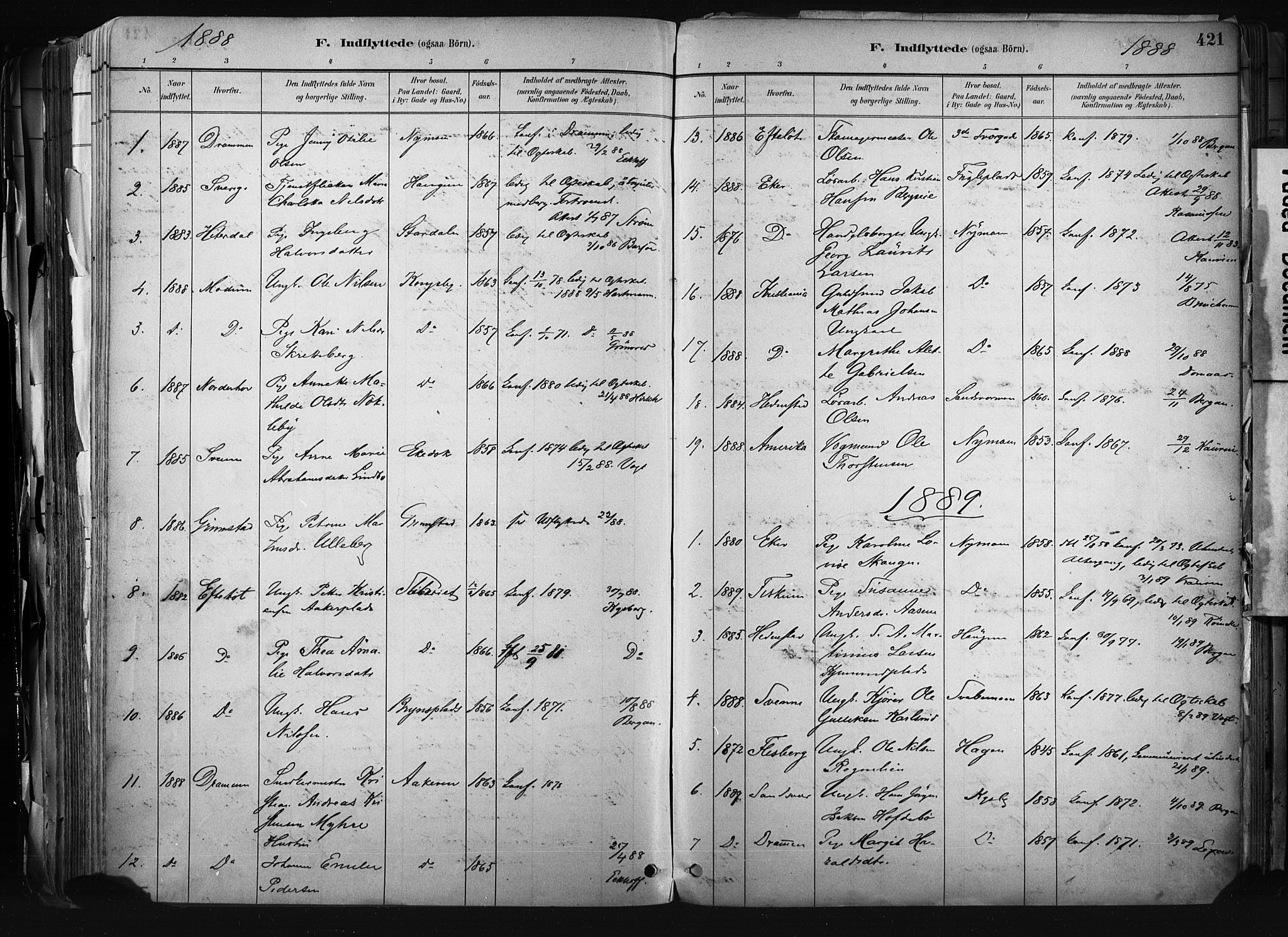 Kongsberg kirkebøker, AV/SAKO-A-22/F/Fb/L0002: Parish register (official) no. II 2, 1886-1896, p. 421