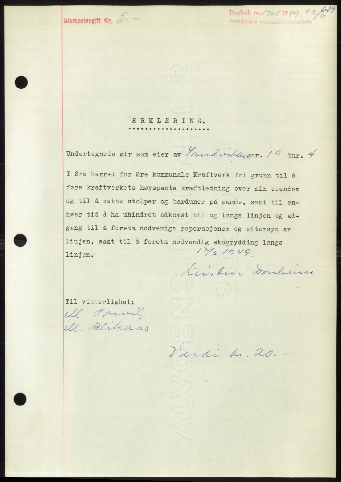 Nordmøre sorenskriveri, AV/SAT-A-4132/1/2/2Ca: Mortgage book no. B101, 1949-1949, Diary no: : 1701/1949