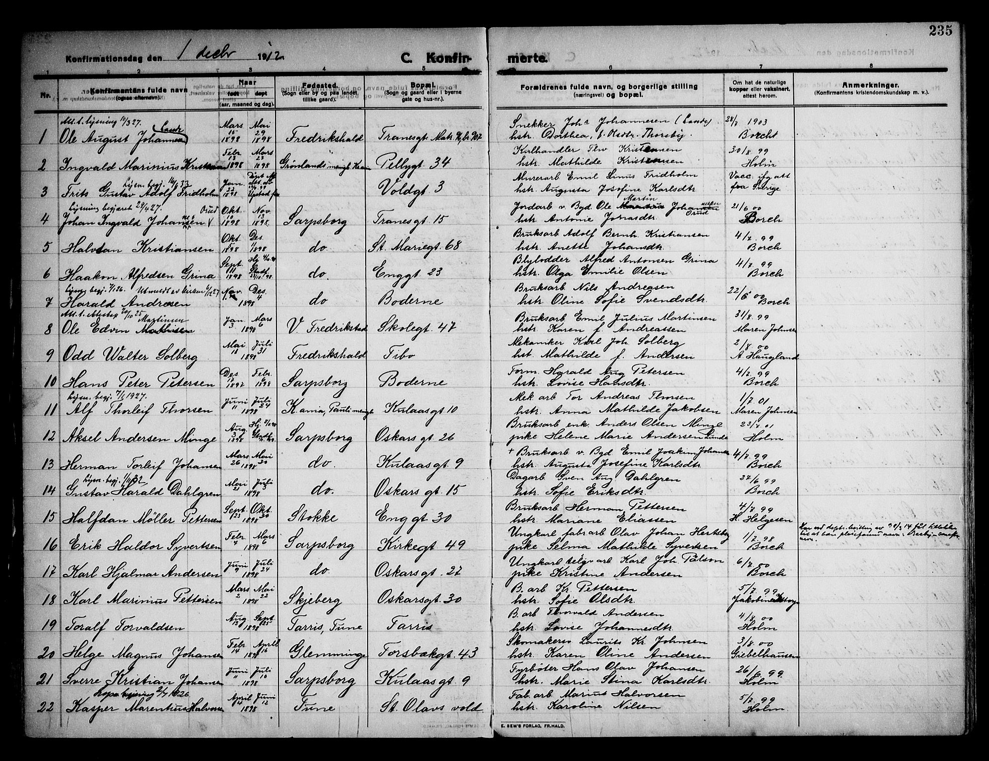 Sarpsborg prestekontor Kirkebøker, AV/SAO-A-2006/F/Fa/L0008: Parish register (official) no. 8, 1910-1920, p. 235