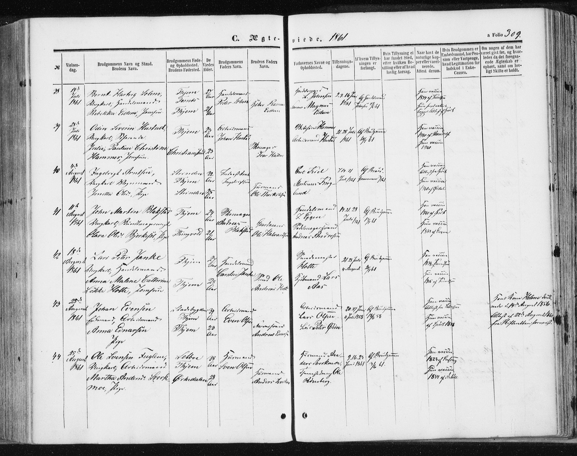 Ministerialprotokoller, klokkerbøker og fødselsregistre - Sør-Trøndelag, AV/SAT-A-1456/602/L0115: Parish register (official) no. 602A13, 1860-1872, p. 309