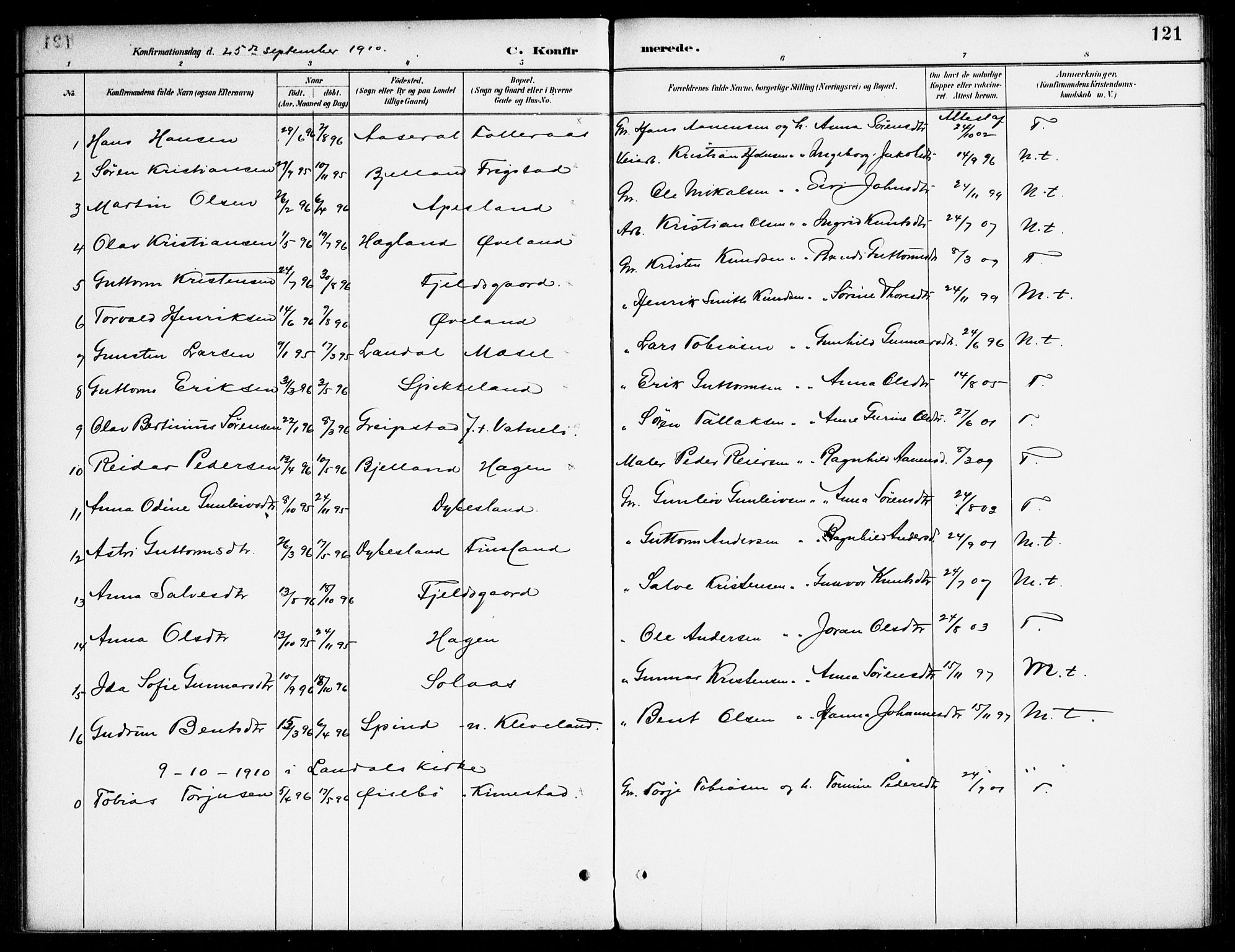 Bjelland sokneprestkontor, SAK/1111-0005/F/Fa/Fab/L0004: Parish register (official) no. A 4, 1887-1920, p. 121