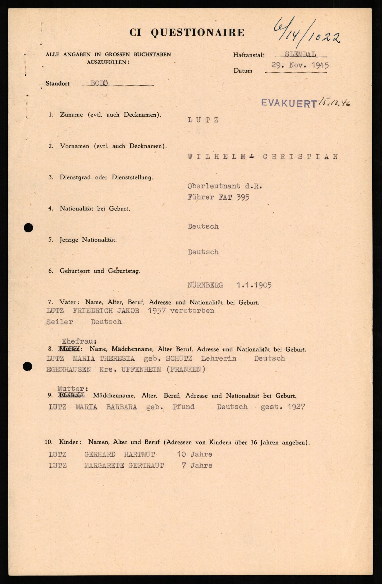 Forsvaret, Forsvarets overkommando II, AV/RA-RAFA-3915/D/Db/L0020: CI Questionaires. Tyske okkupasjonsstyrker i Norge. Tyskere., 1945-1946, p. 464