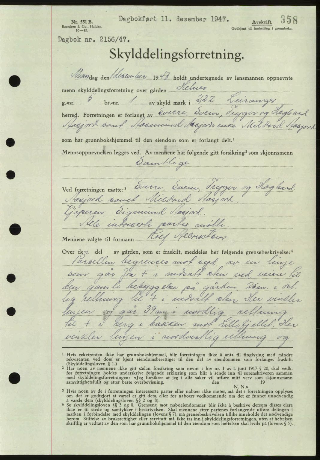 Steigen og Ofoten sorenskriveri, AV/SAT-A-0030/1/2/2C: Mortgage book no. A2, 1942-1948, Diary no: : 2156/1947