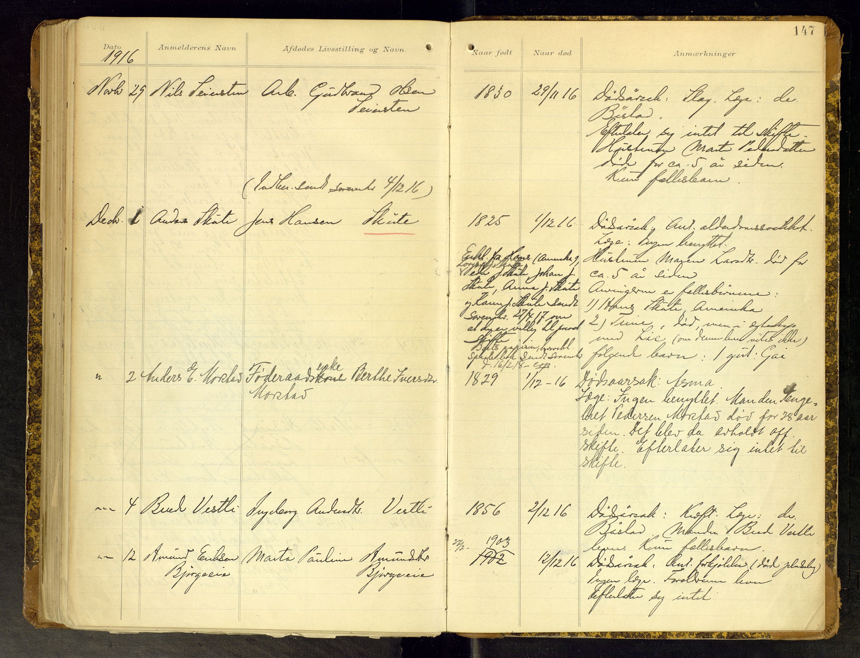 Gran lensmannskontor, AV/SAH-LOG-010/H/Ha/L0002: Dødsfallsprotokoll, 1899-1917, p. 147