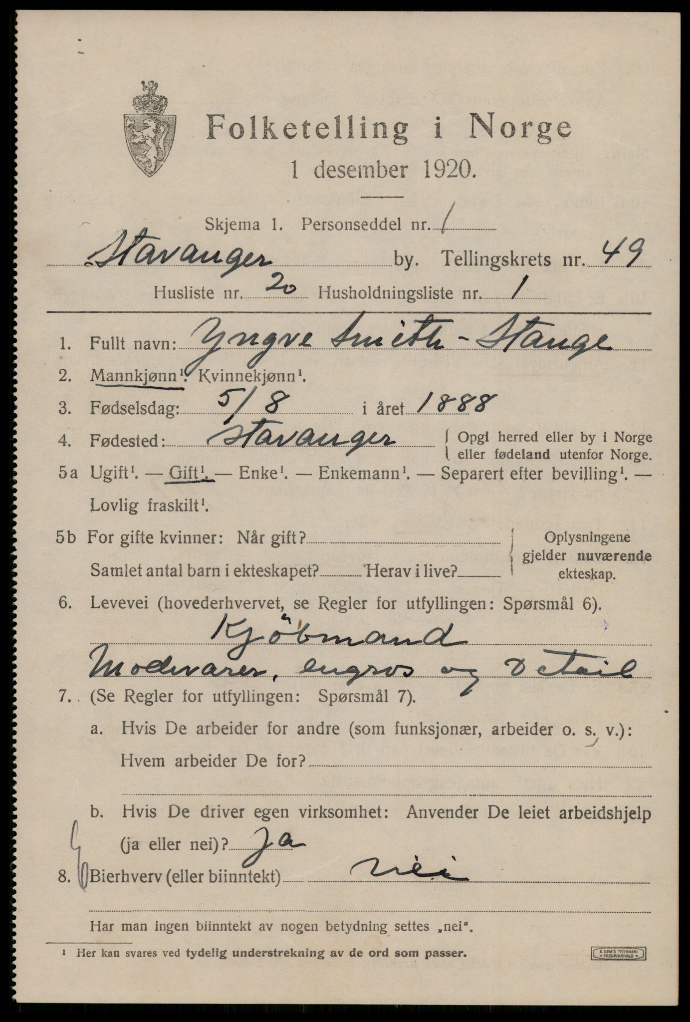 SAST, 1920 census for Stavanger, 1920, p. 118700