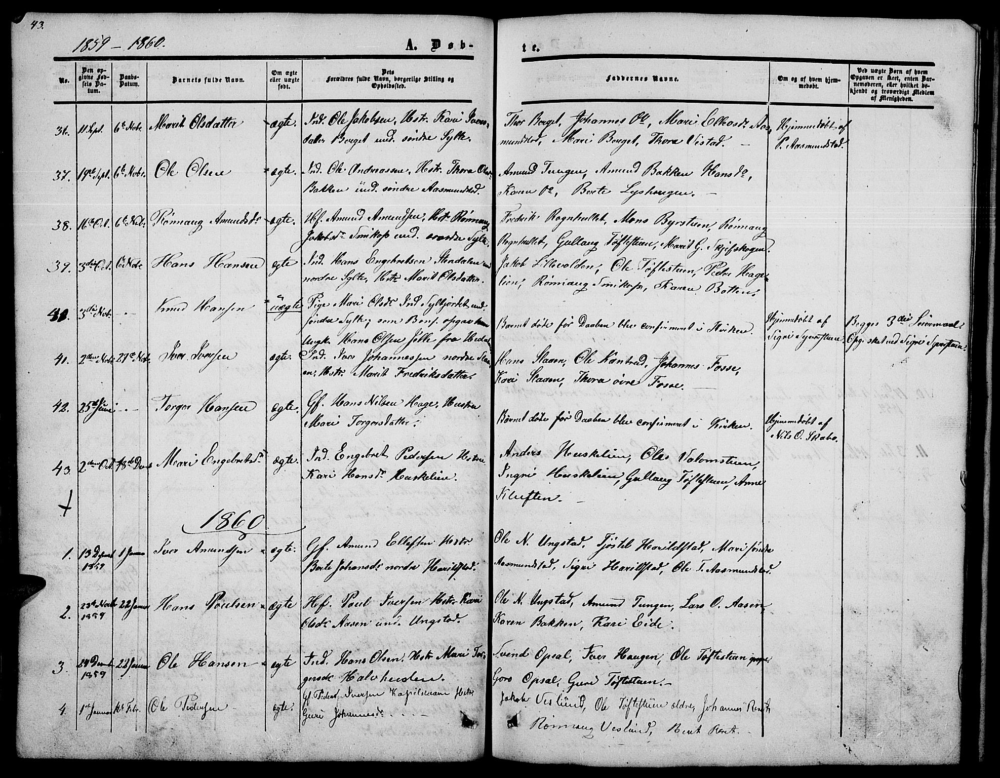 Nord-Fron prestekontor, AV/SAH-PREST-080/H/Ha/Hab/L0002: Parish register (copy) no. 2, 1851-1883, p. 43