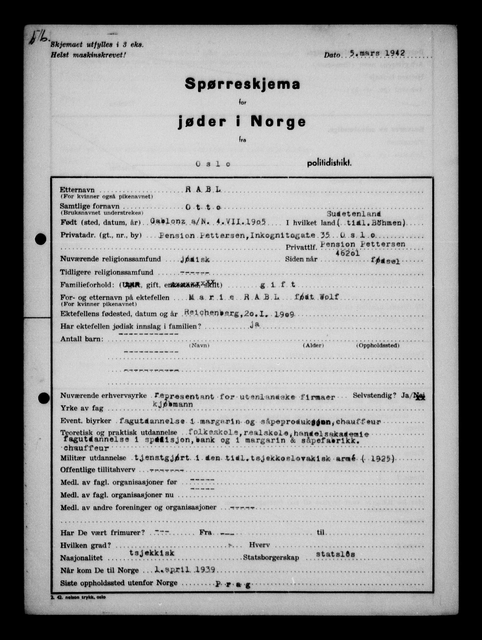 Statspolitiet - Hovedkontoret / Osloavdelingen, AV/RA-S-1329/G/Ga/L0011: Spørreskjema for jøder i Norge. 1: Oslo 610-806 (Plavnik-Zwillinger). 2: Aker 1-113 (Adler-Lewin). , 1942, p. 24