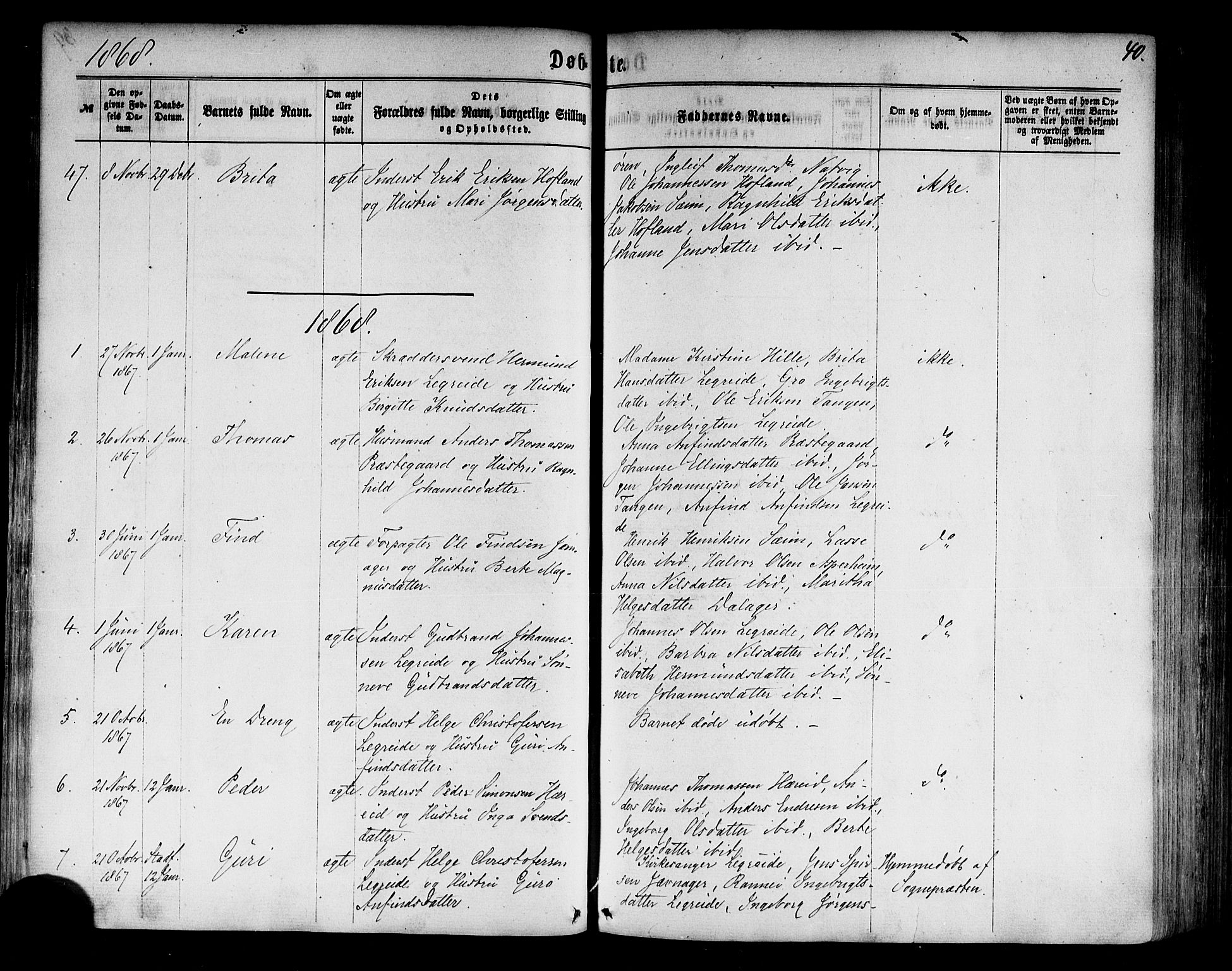 Årdal sokneprestembete, SAB/A-81701: Parish register (official) no. A 3, 1863-1886, p. 40