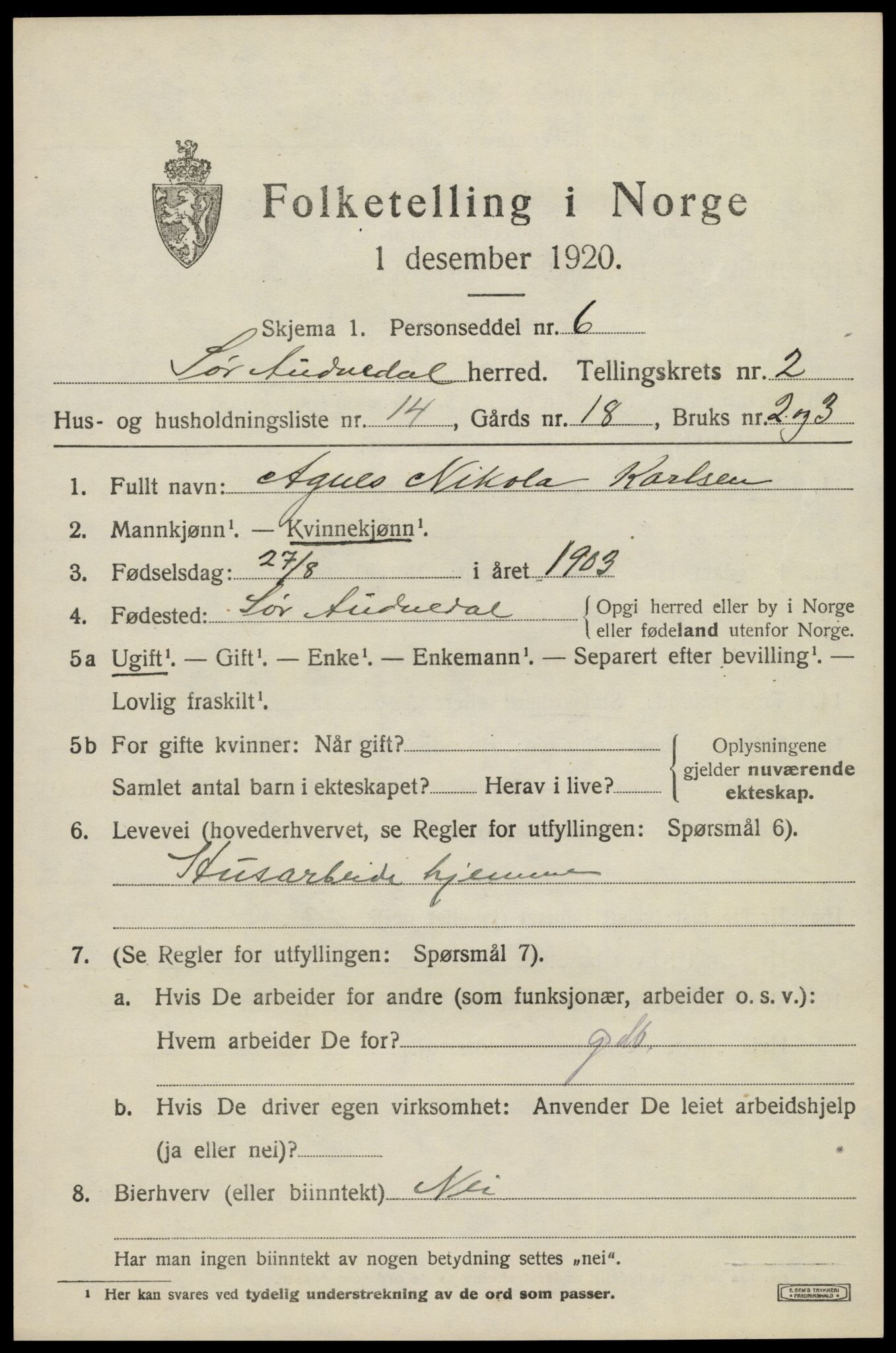 SAK, 1920 census for Sør-Audnedal, 1920, p. 1691