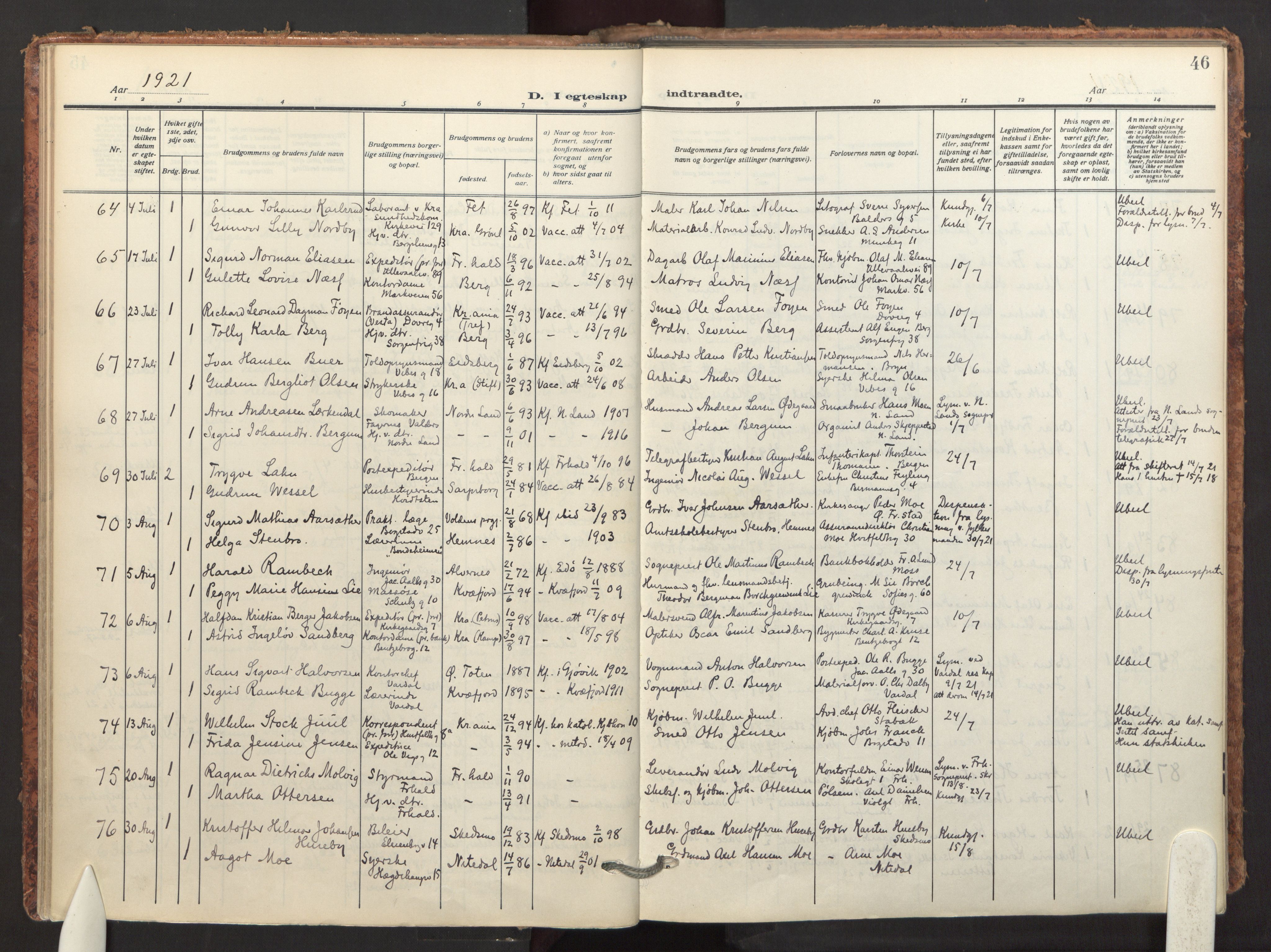 Fagerborg prestekontor Kirkebøker, AV/SAO-A-10844/F/Fa/L0007: Parish register (official) no. 7, 1917-1934, p. 46