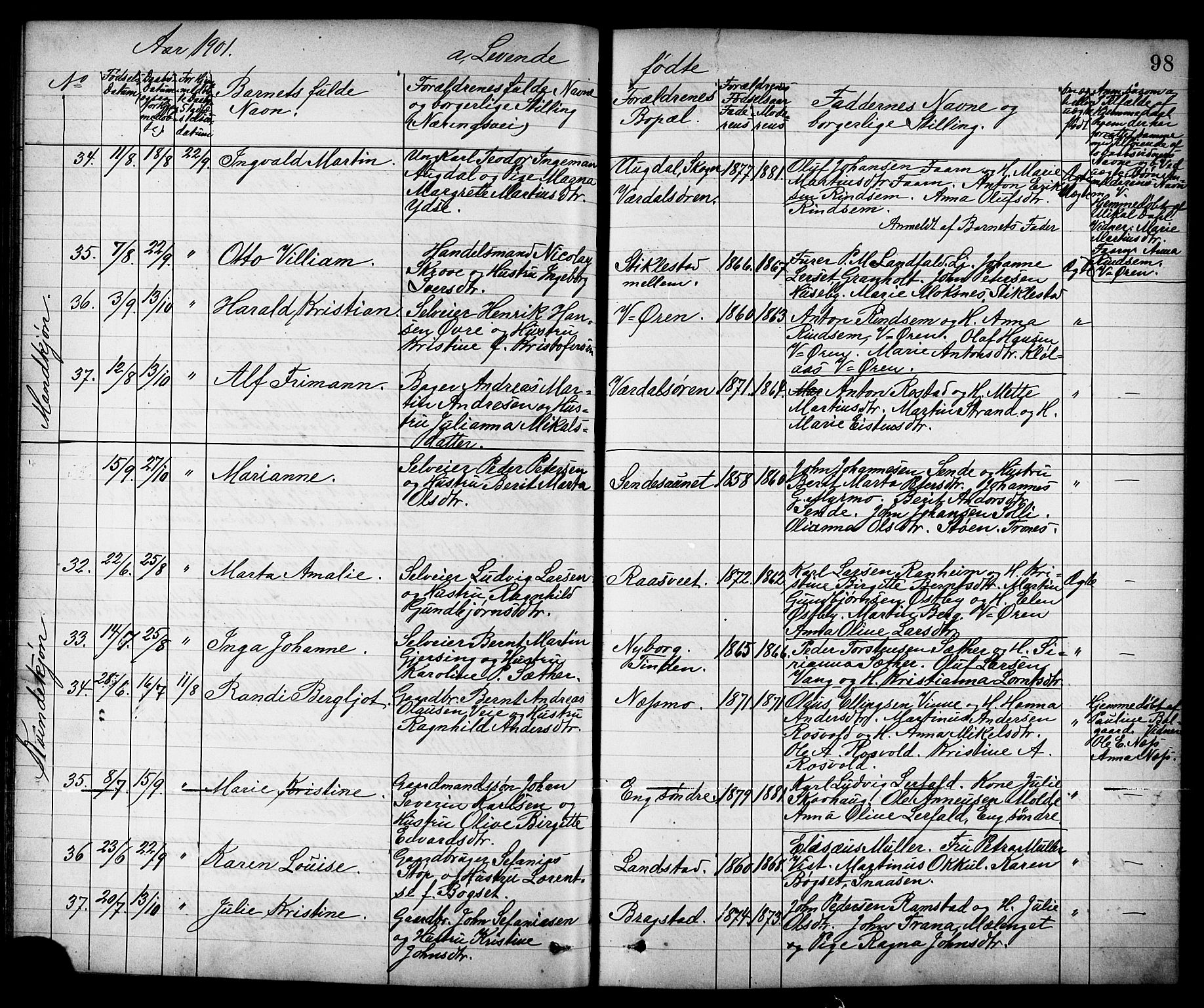 Ministerialprotokoller, klokkerbøker og fødselsregistre - Nord-Trøndelag, AV/SAT-A-1458/723/L0257: Parish register (copy) no. 723C05, 1890-1907, p. 98