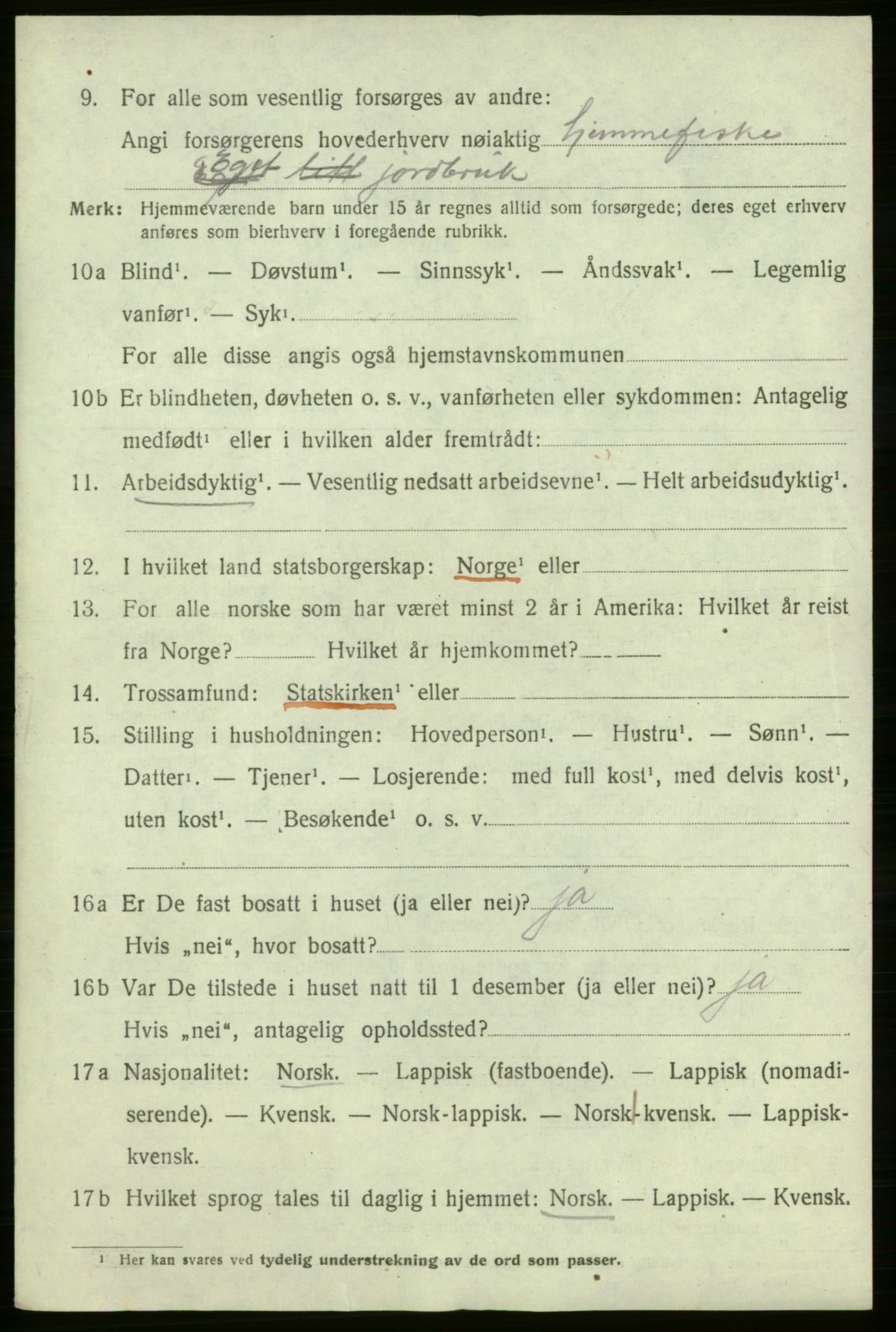 SATØ, 1920 census for Lebesby, 1920, p. 3010