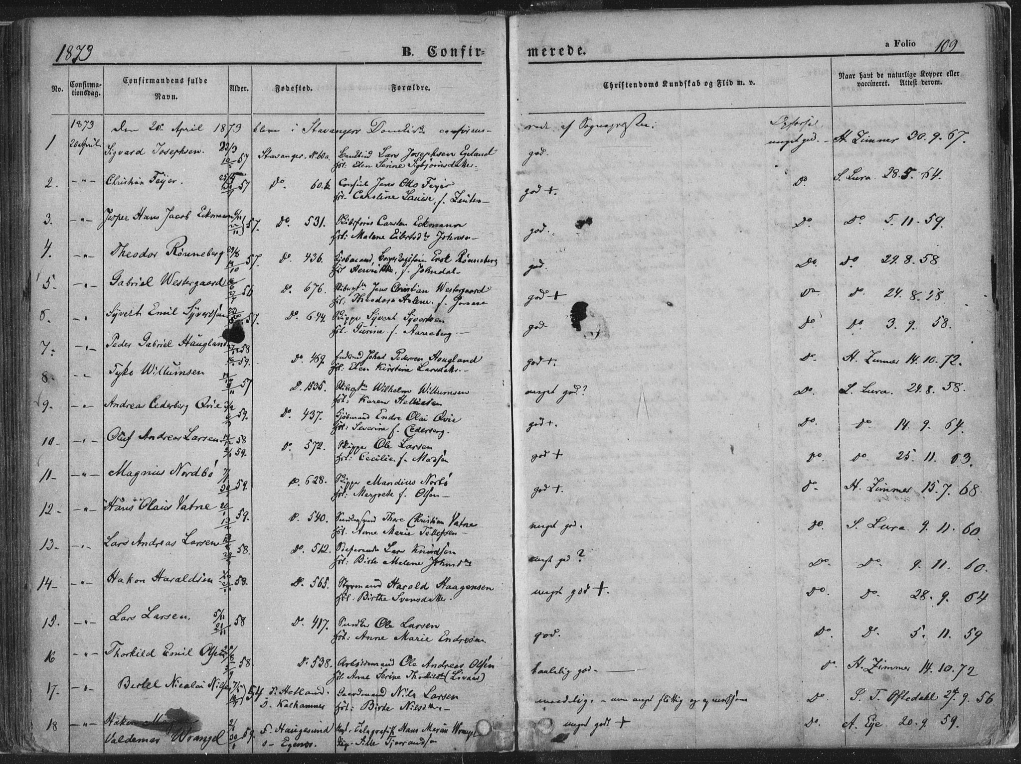 Domkirken sokneprestkontor, AV/SAST-A-101812/001/30/30BA/L0018: Parish register (official) no. A 17, 1857-1877, p. 109