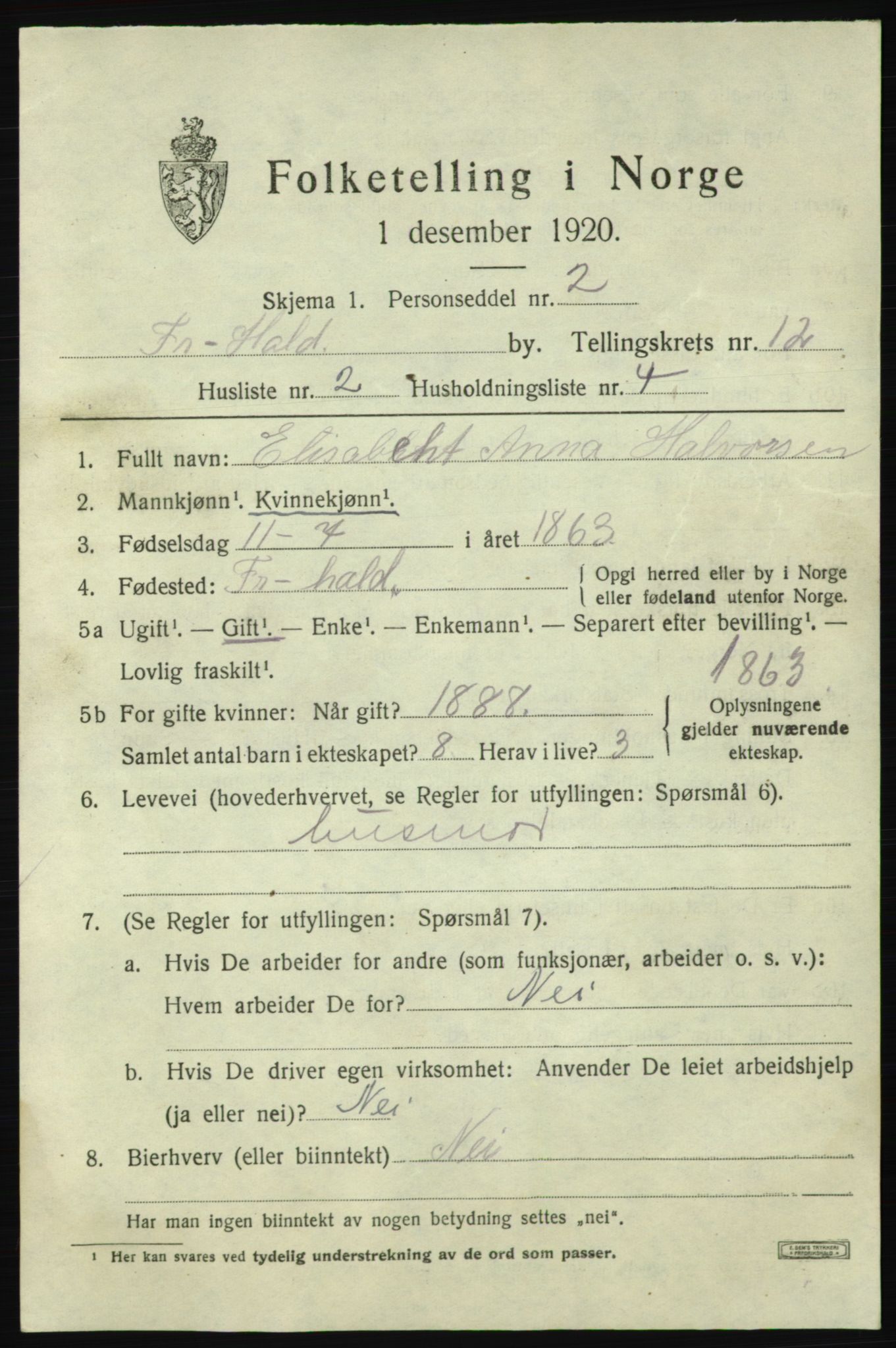 SAO, 1920 census for Fredrikshald, 1920, p. 19877