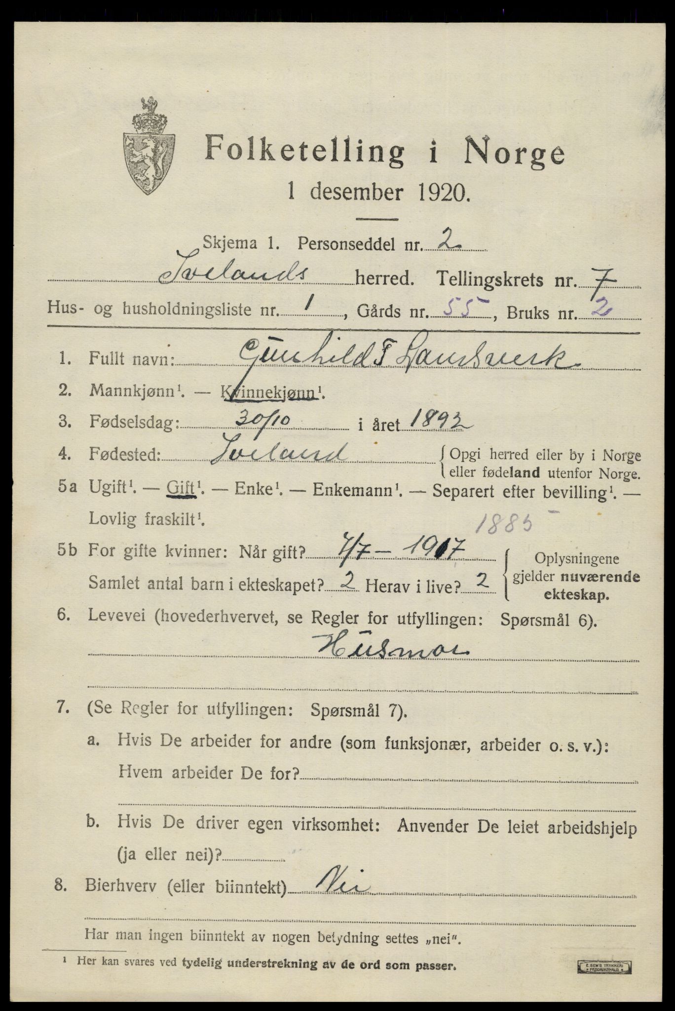 SAK, 1920 census for Iveland, 1920, p. 2125