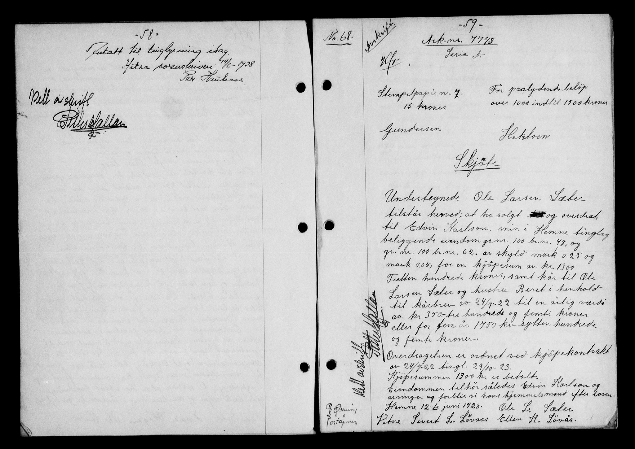 Hitra sorenskriveri, AV/SAT-A-0018/2/2C/2Ca/L0010: Mortgage book no. 10, 1928-1929, p. 58-59