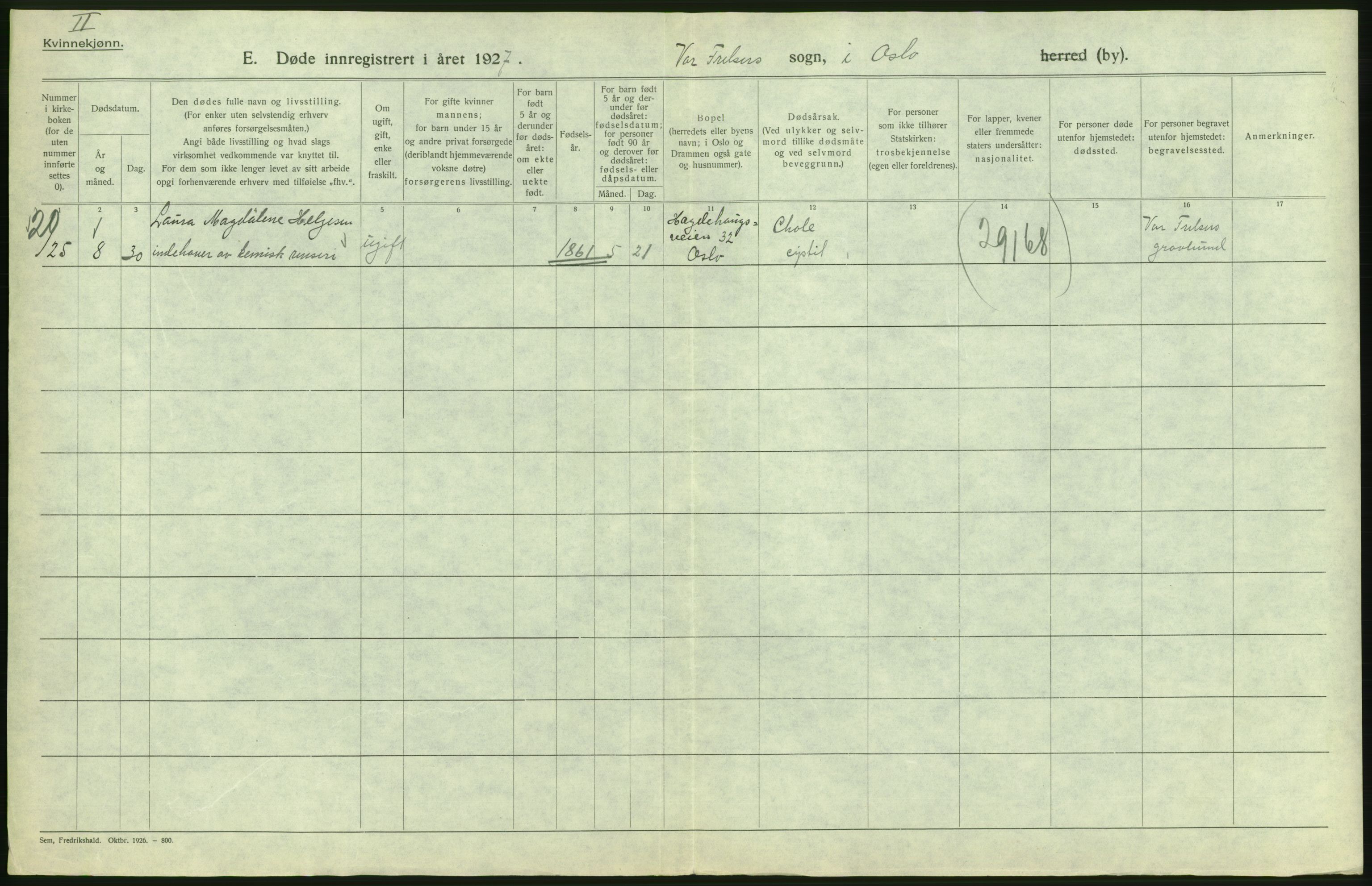 Statistisk sentralbyrå, Sosiodemografiske emner, Befolkning, AV/RA-S-2228/D/Df/Dfc/Dfcg/L0010: Oslo: Døde kvinner, dødfødte, 1927, p. 172