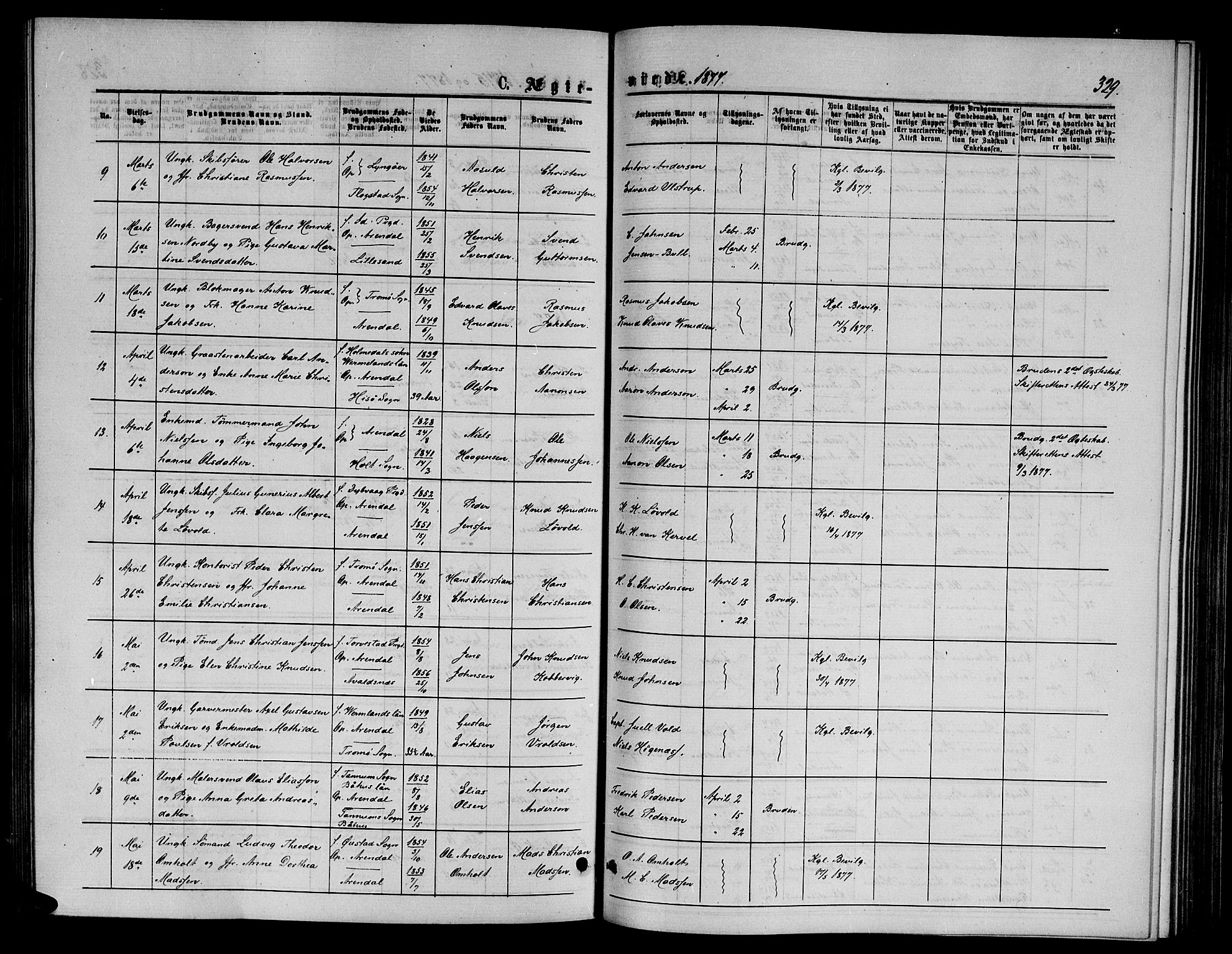 Arendal sokneprestkontor, Trefoldighet, SAK/1111-0040/F/Fb/L0005: Parish register (copy) no. B 5, 1874-1888, p. 329