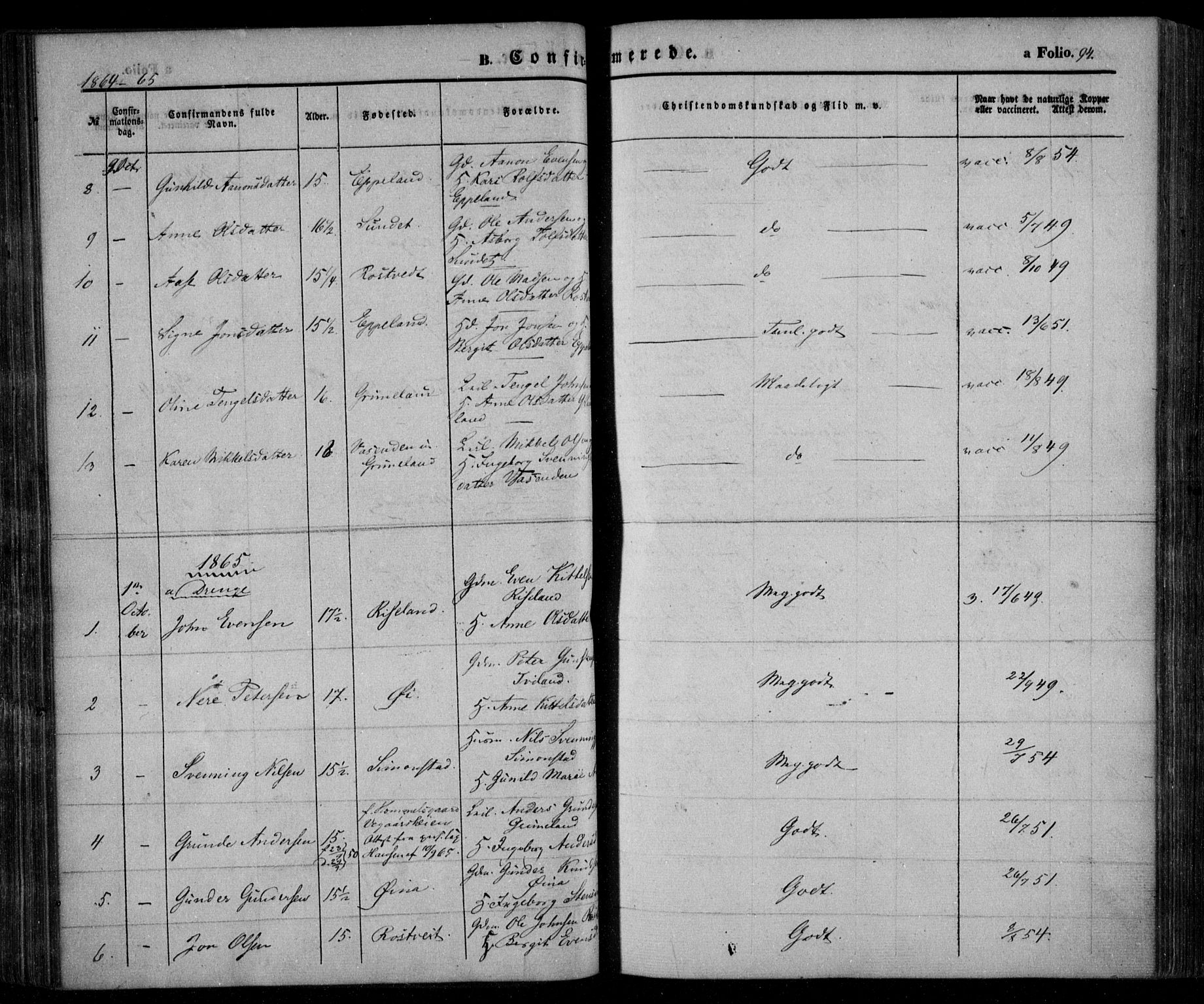 Åmli sokneprestkontor, AV/SAK-1111-0050/F/Fa/Fac/L0008: Parish register (official) no. A 8, 1852-1869, p. 94