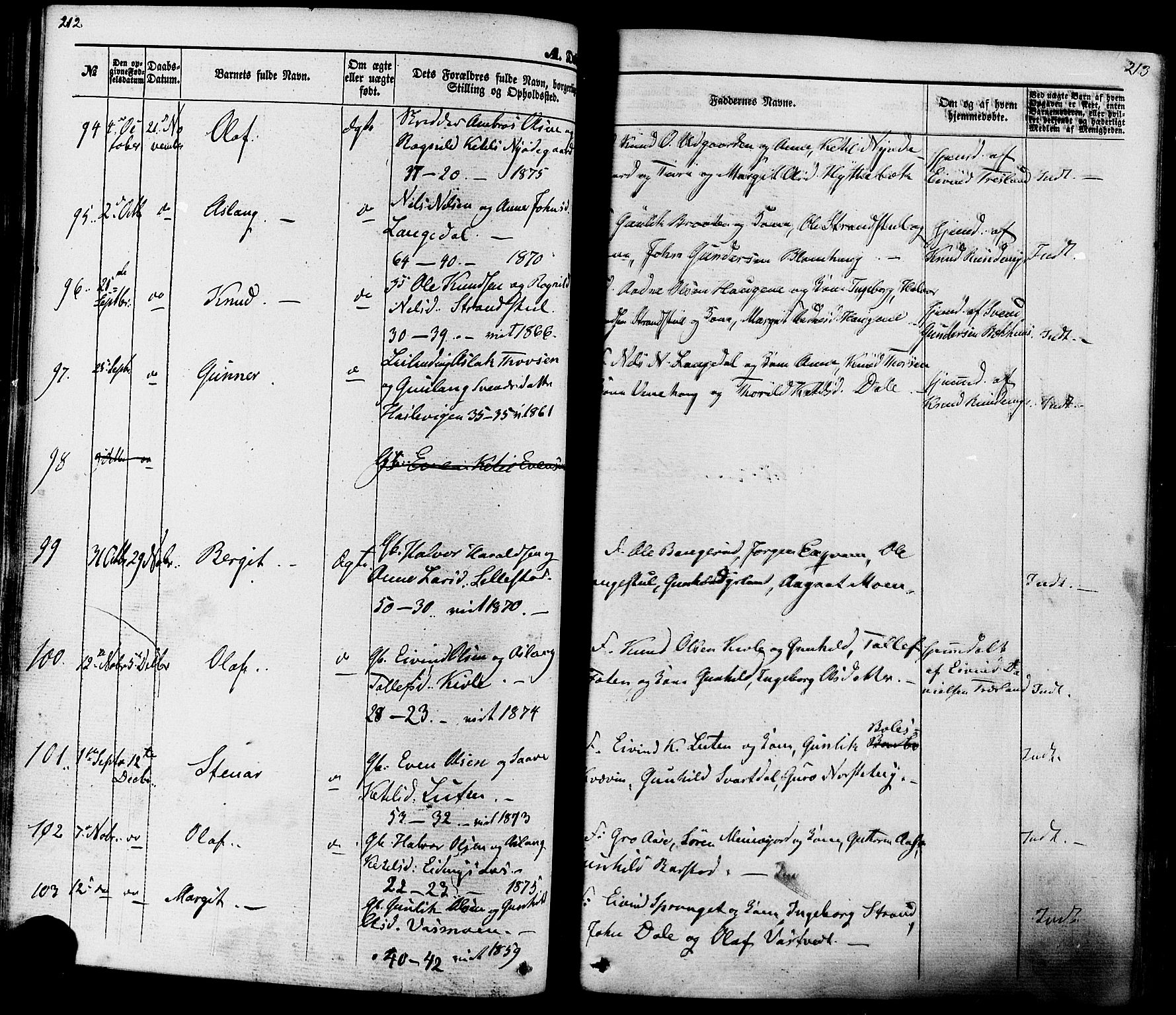 Seljord kirkebøker, AV/SAKO-A-20/F/Fa/L0013: Parish register (official) no. I 13, 1866-1876, p. 212-213