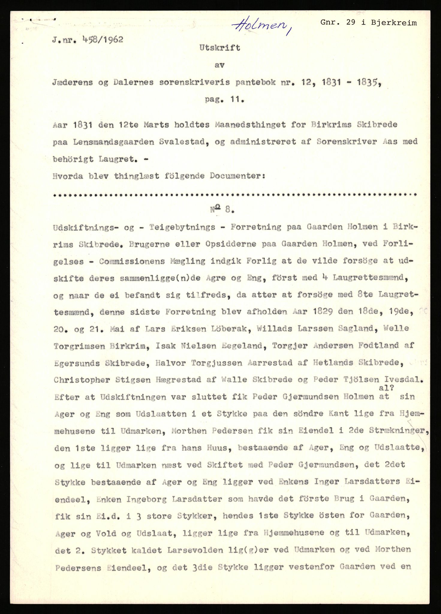 Statsarkivet i Stavanger, AV/SAST-A-101971/03/Y/Yj/L0038: Avskrifter sortert etter gårdsnavn: Hodne - Holte, 1750-1930, p. 461