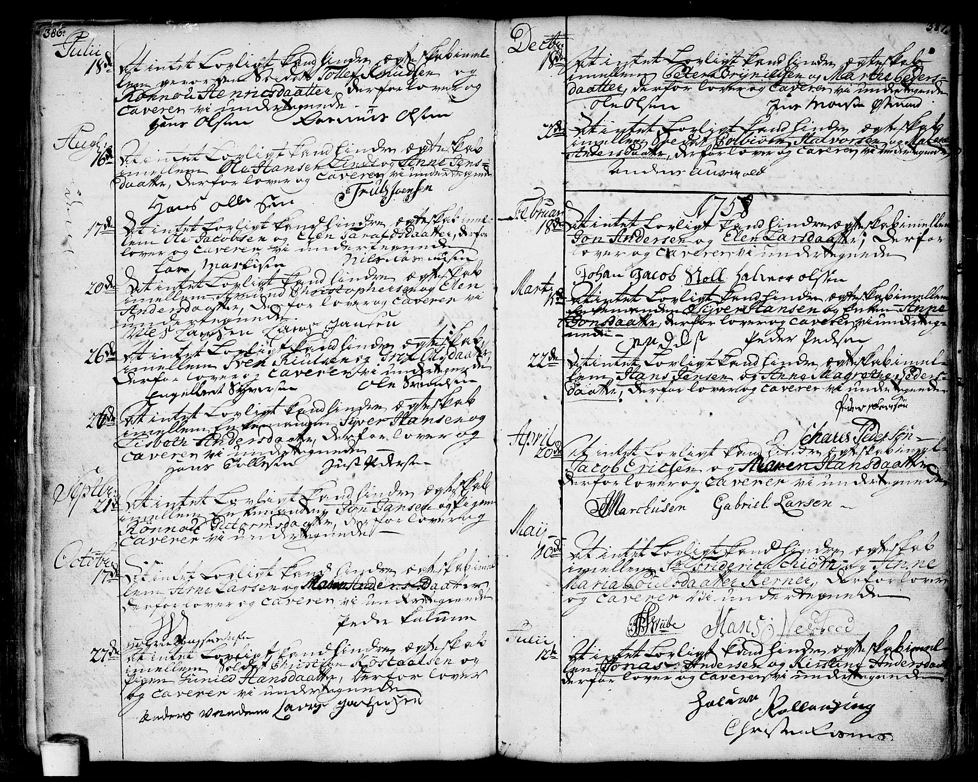 Moss prestekontor Kirkebøker, SAO/A-2003/F/Fa/L0002: Parish register (official) no. I 2, 1753-1779, p. 386-387