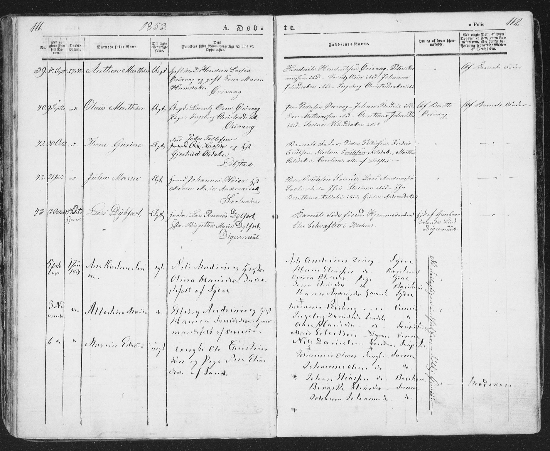 Ministerialprotokoller, klokkerbøker og fødselsregistre - Nordland, AV/SAT-A-1459/874/L1072: Parish register (copy) no. 874C01, 1843-1859, p. 111-112